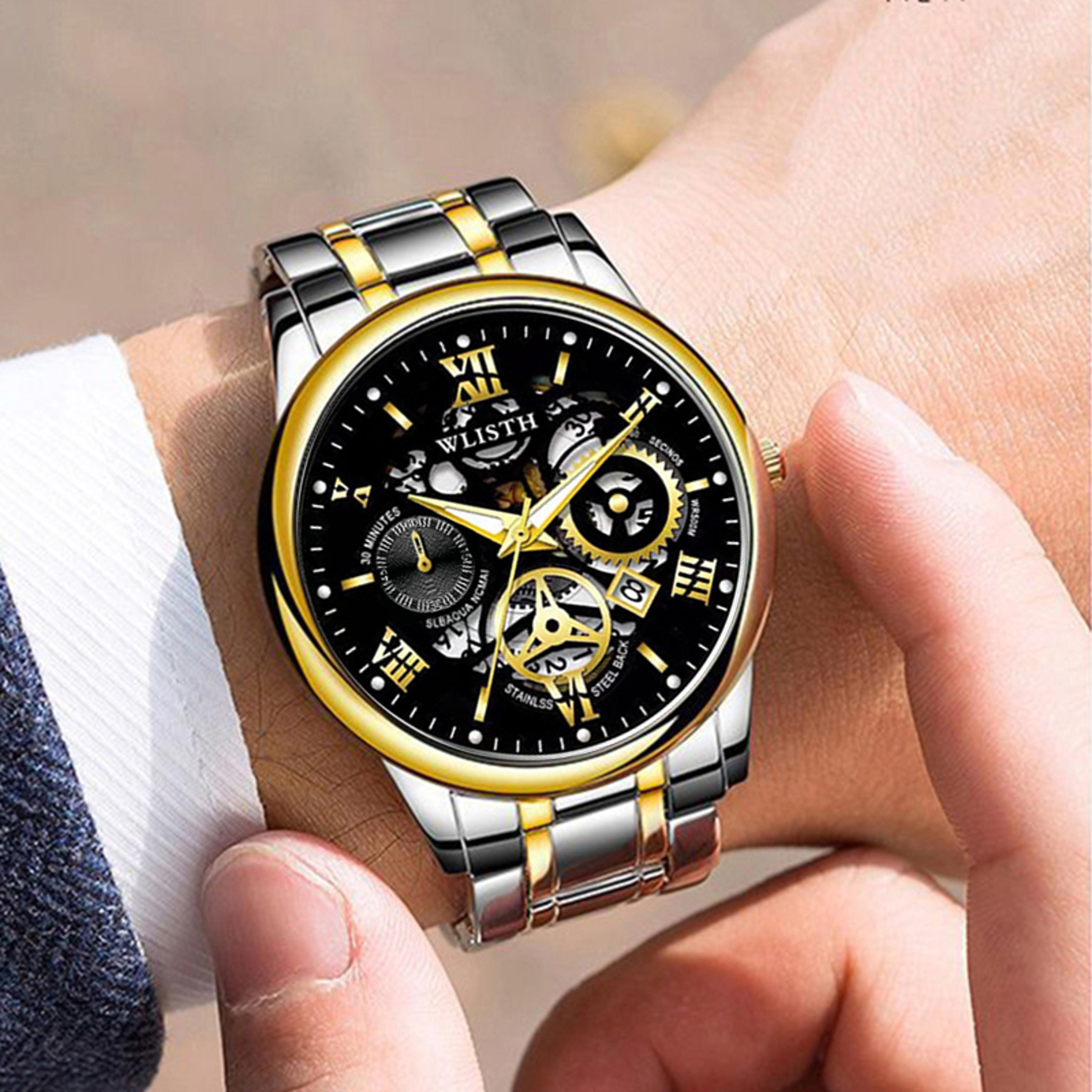 mens luxury stainless steel quartz watch waterproof calendar luminous dress watch