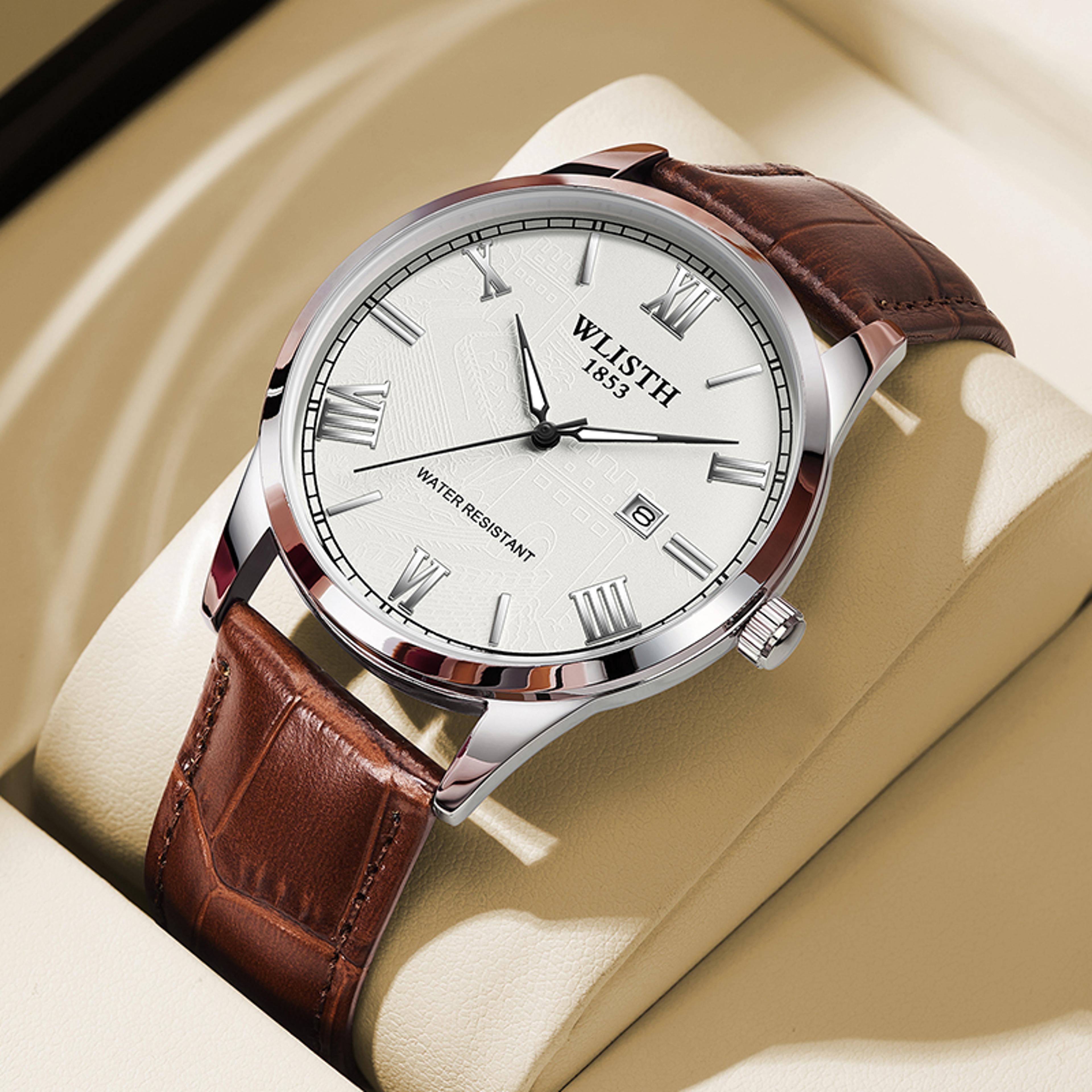mens leather watch business quartz wristwatch with calendar sport waterproof design