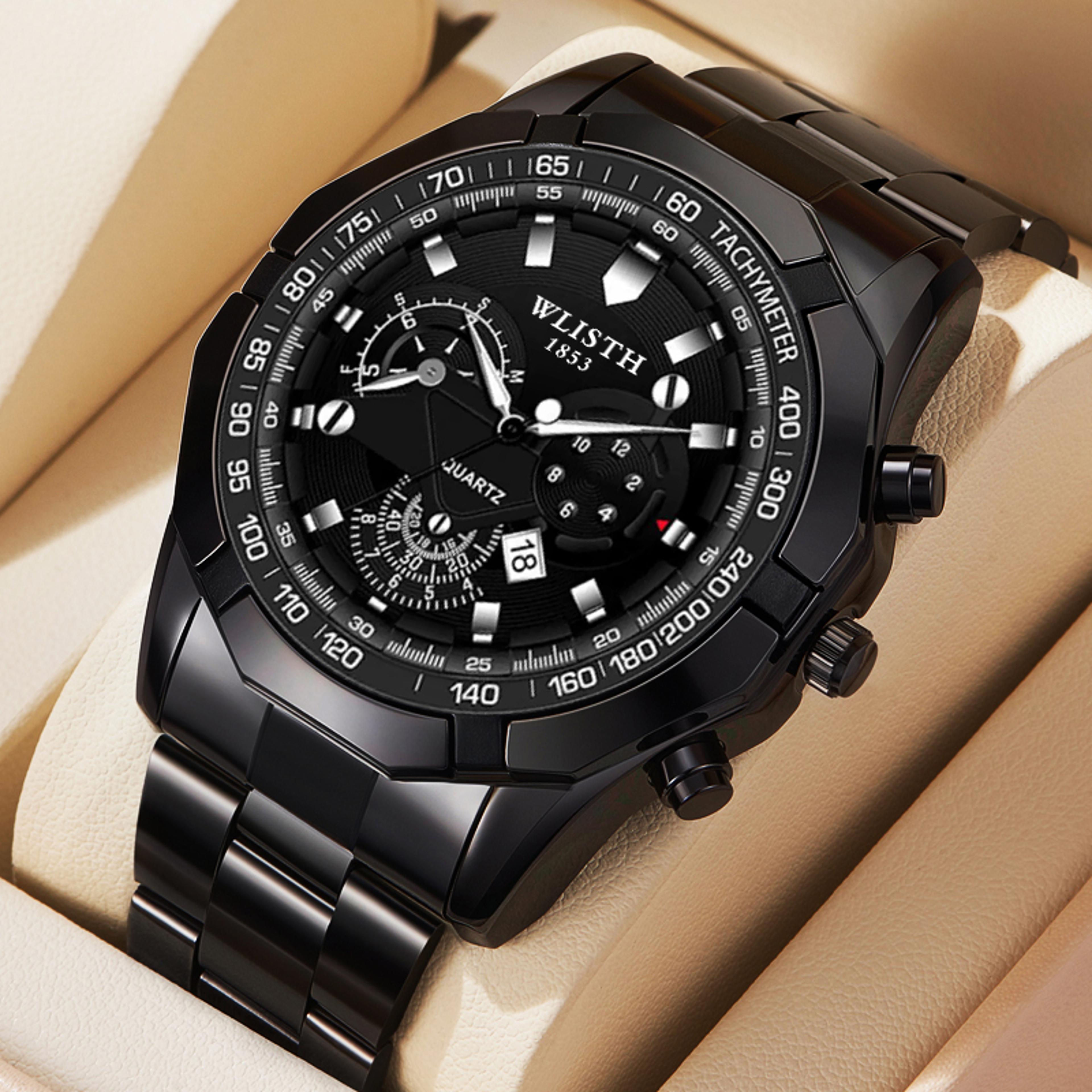 mens sports quartz watch with calendar stainless steel band luminous dial