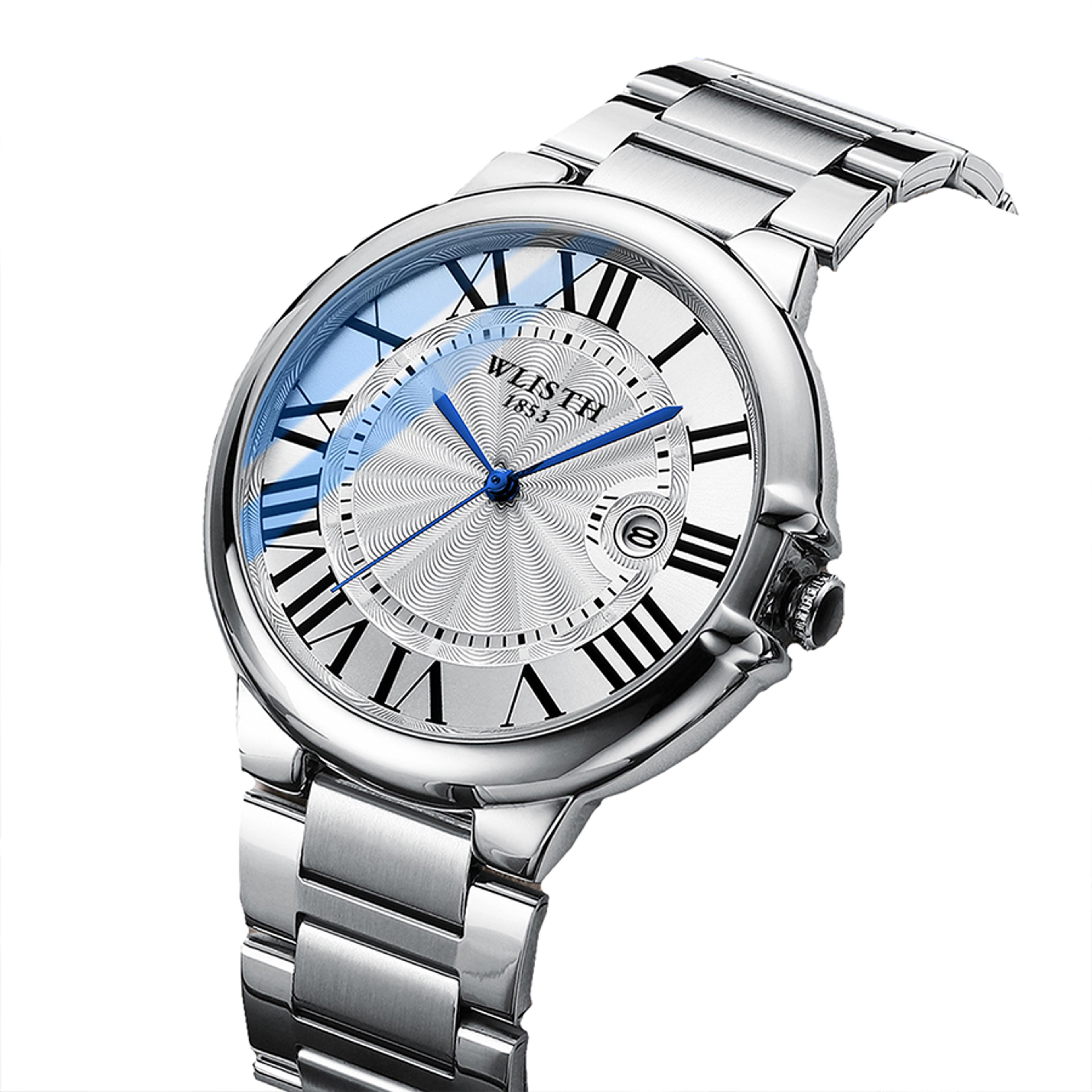 mens blue dial stainless steel quartz wristwatch waterproof fashion watch