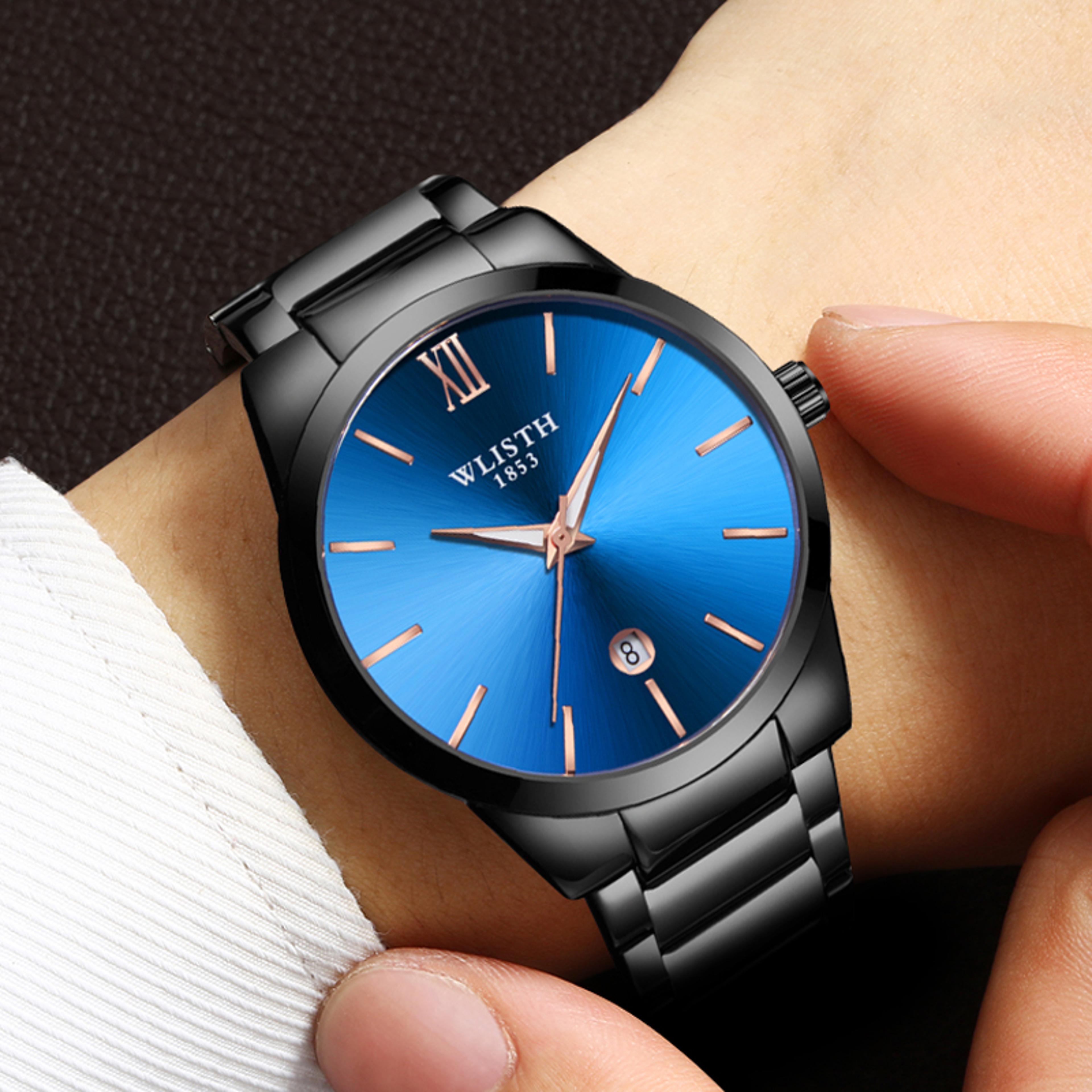 full black steel luxury quartz watch for men waterproof wristwatch