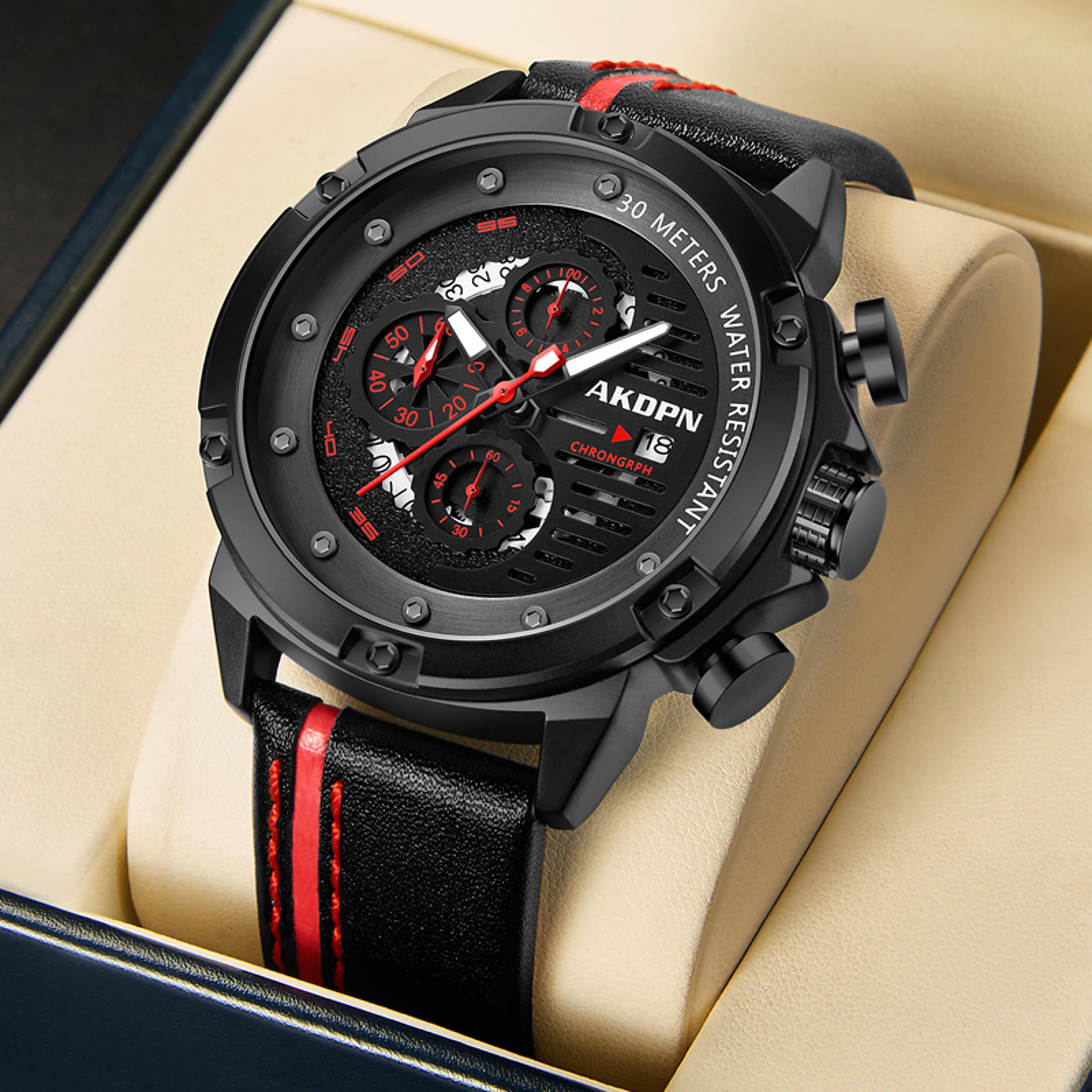 mens waterproof quartz chronograph leather watch business sports wristwatch