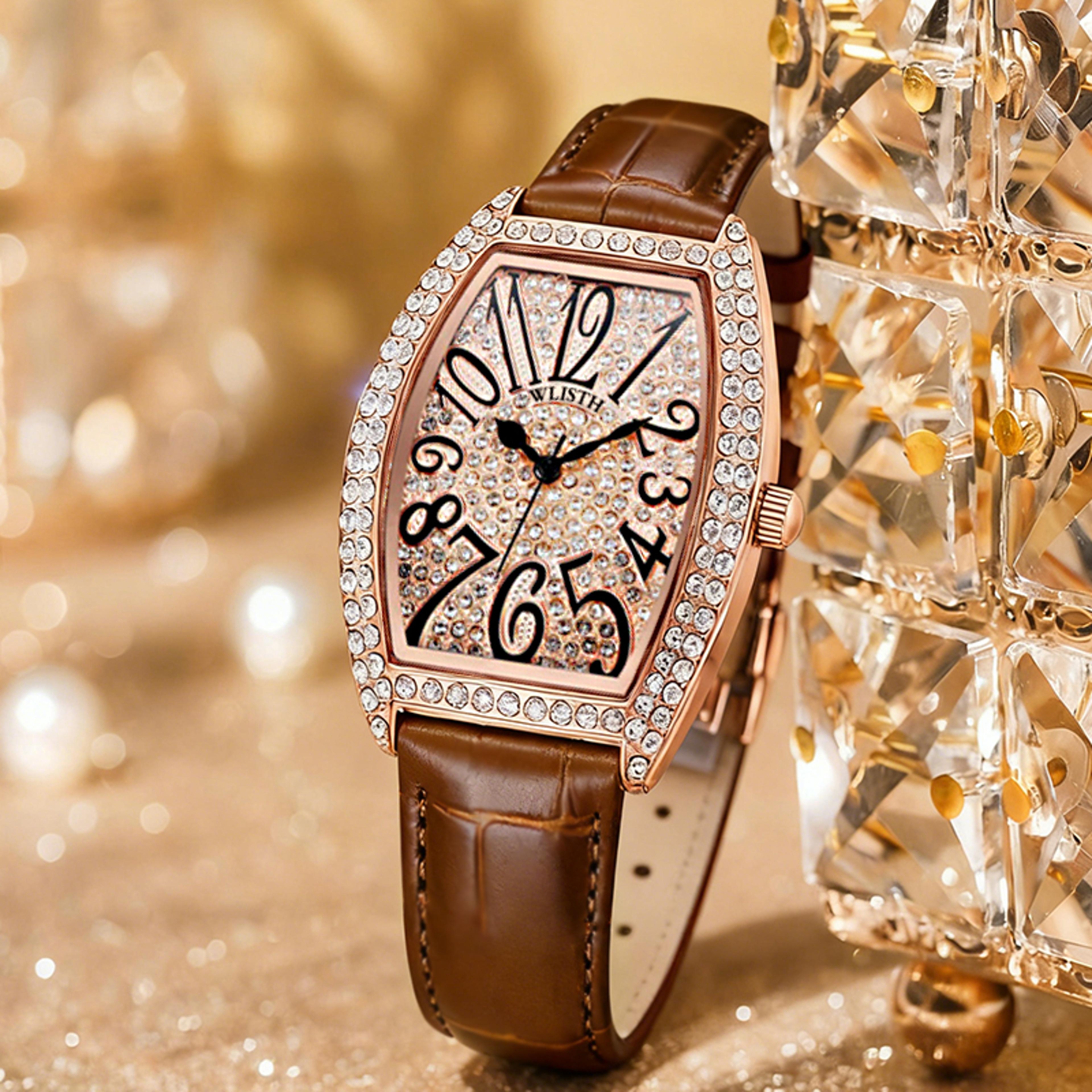 luxury women diamond quartz watch genuine leather strap waterproof fashion wristwatch