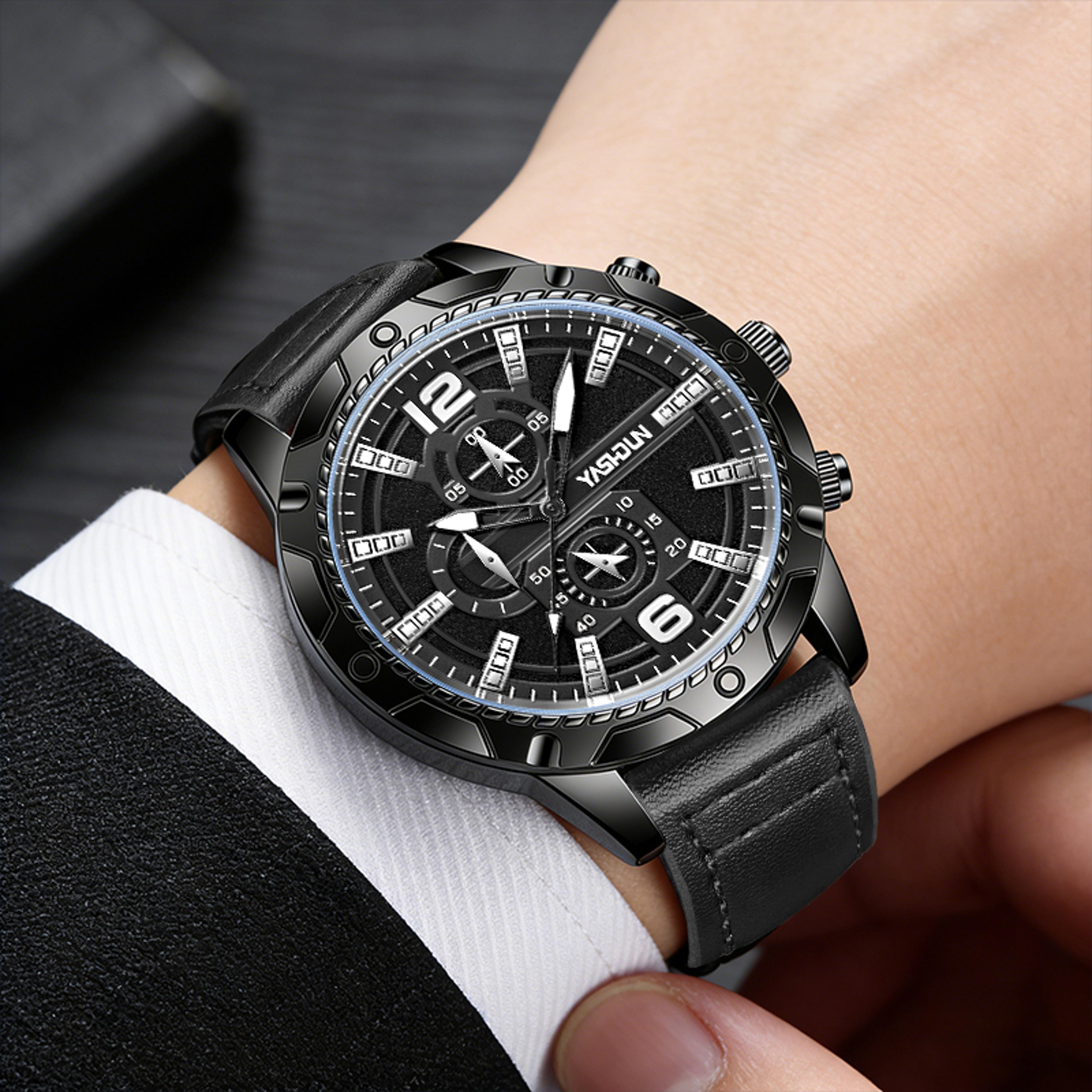 mens sports watch leather strap quartz casual fashion watch