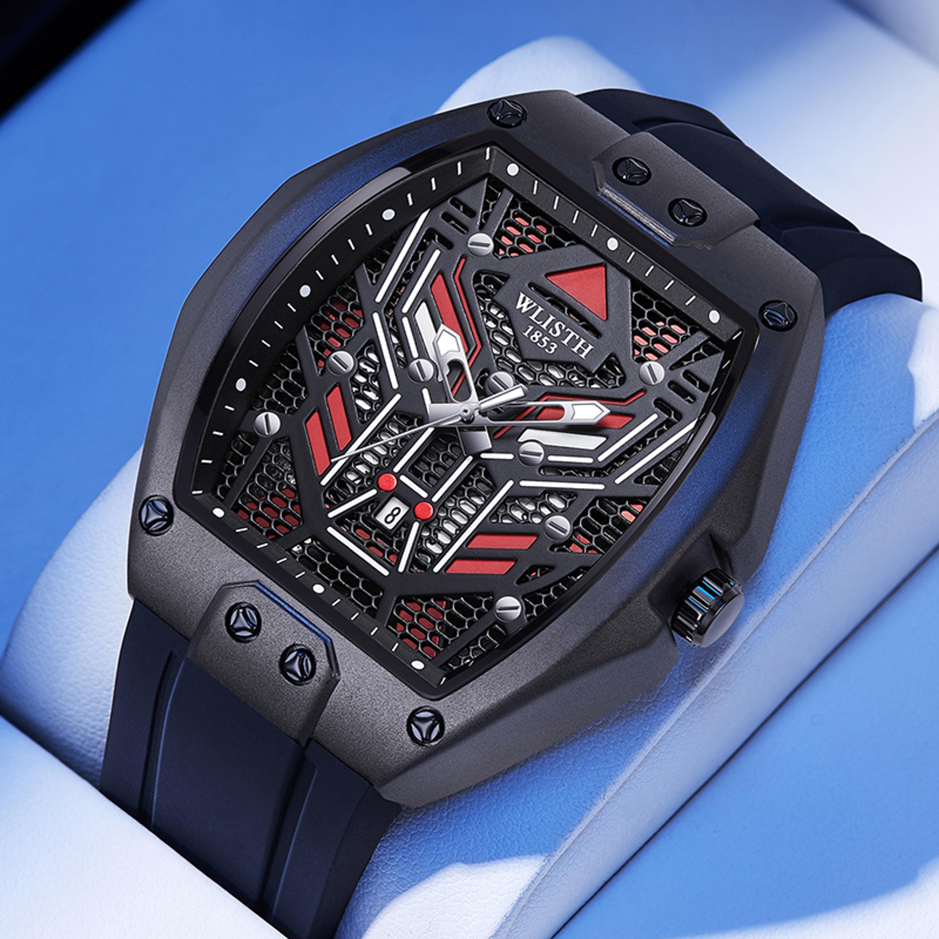 mens rectangle quartz watch with large dial and comfortable silicone band