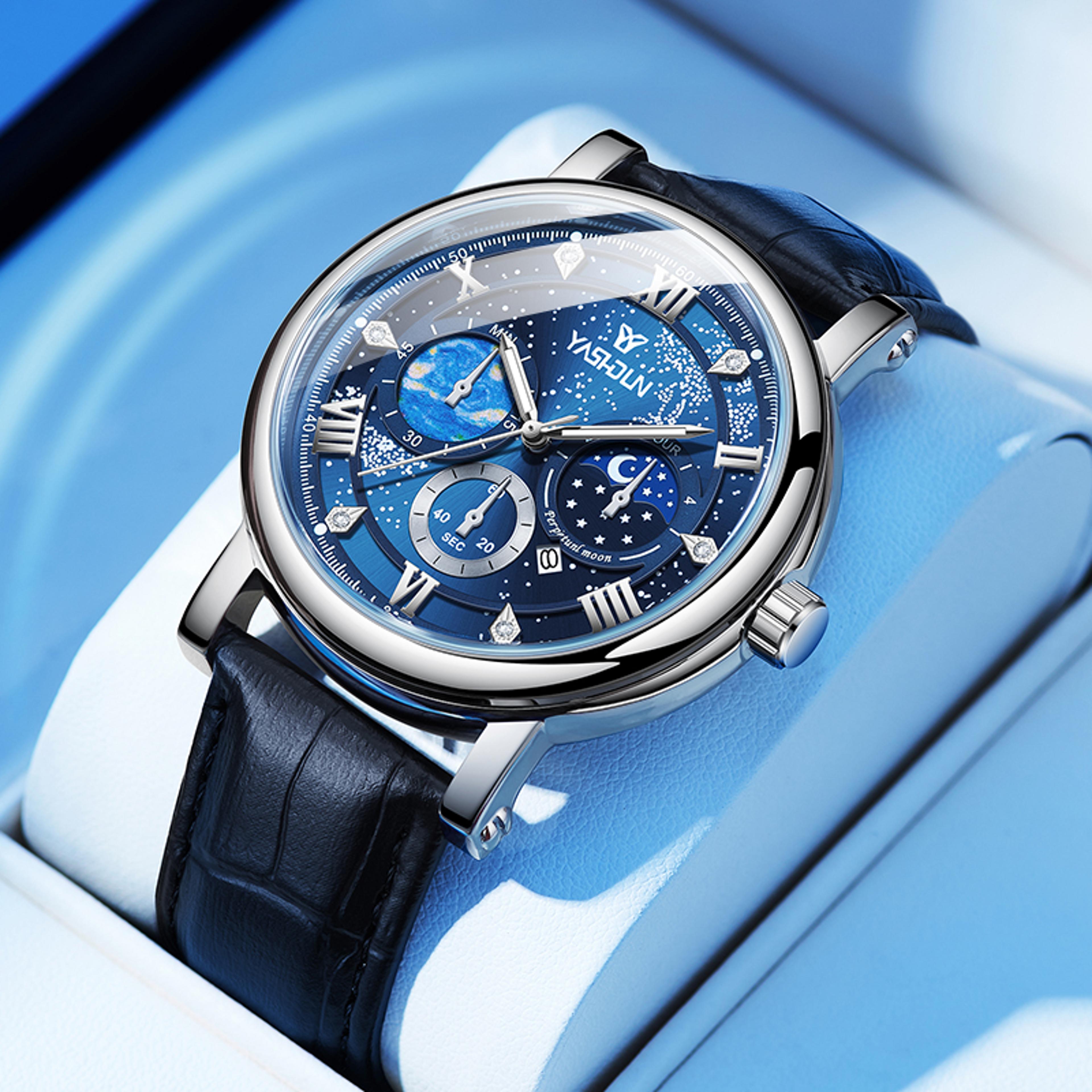 luxury mens quartz watch with leather strap luminous chronograph design