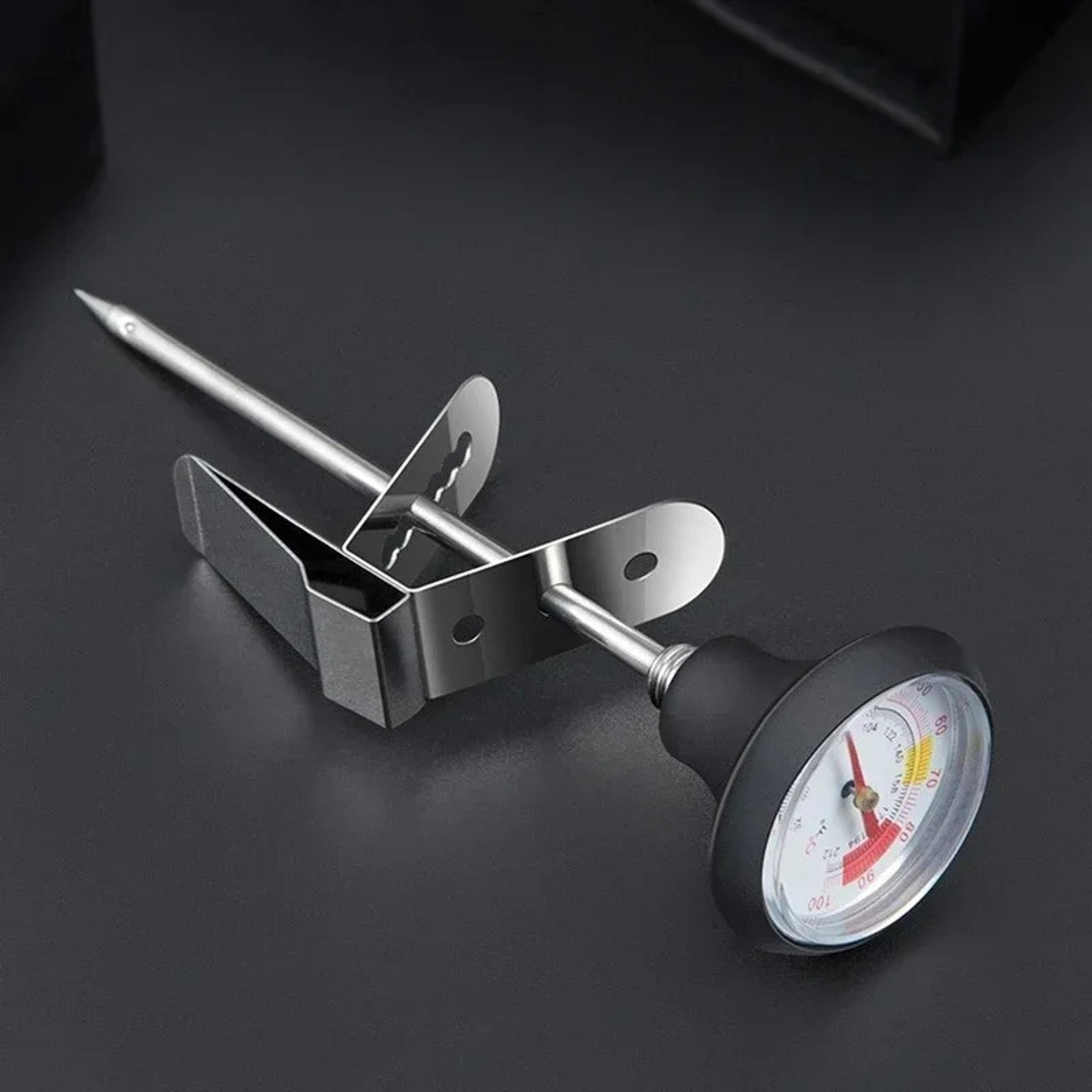 stainless steel milk frothing pitcher with thermometer for baristas and latte art