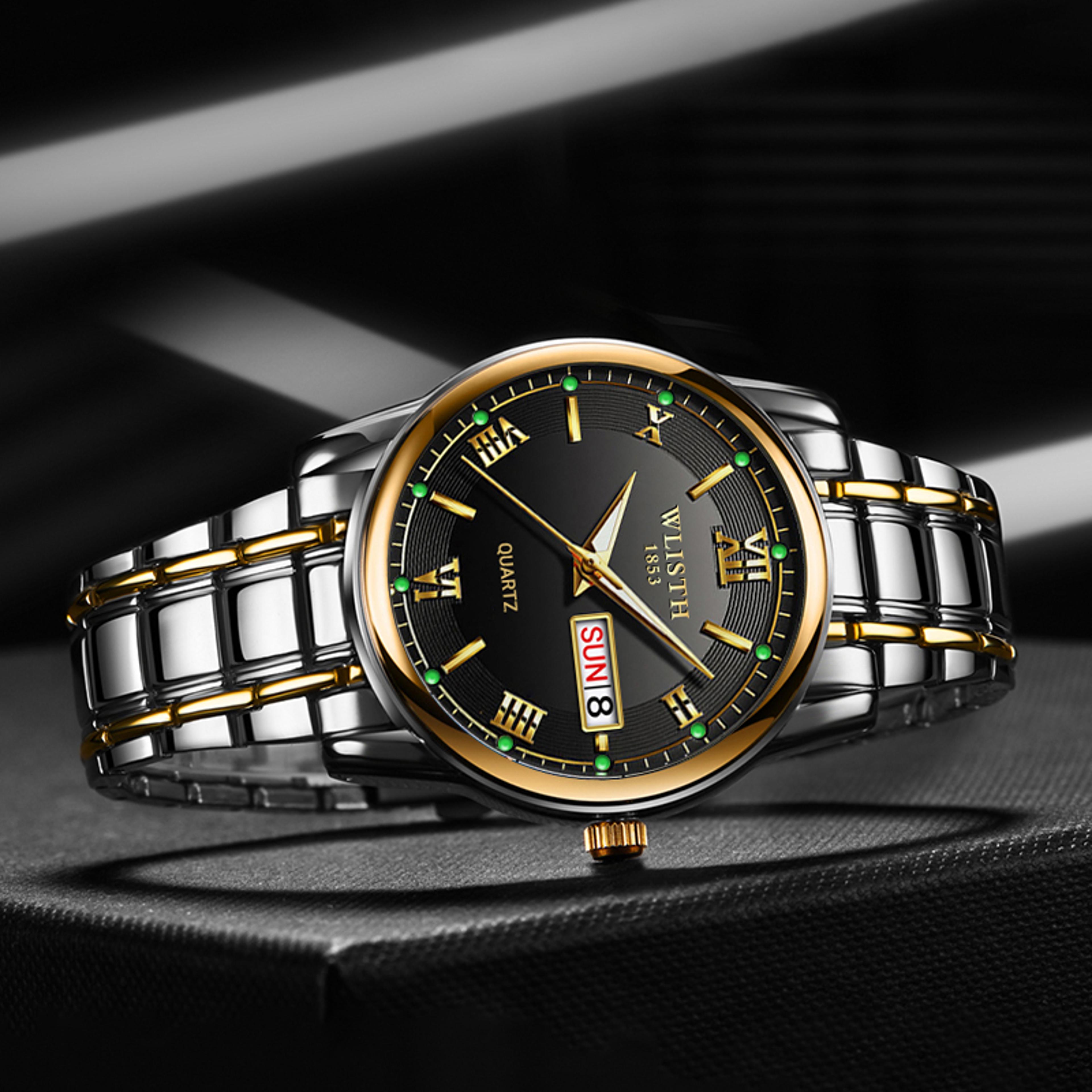 mens quartz watch waterproof dual calendar luminous stainless steel casual wristwatch