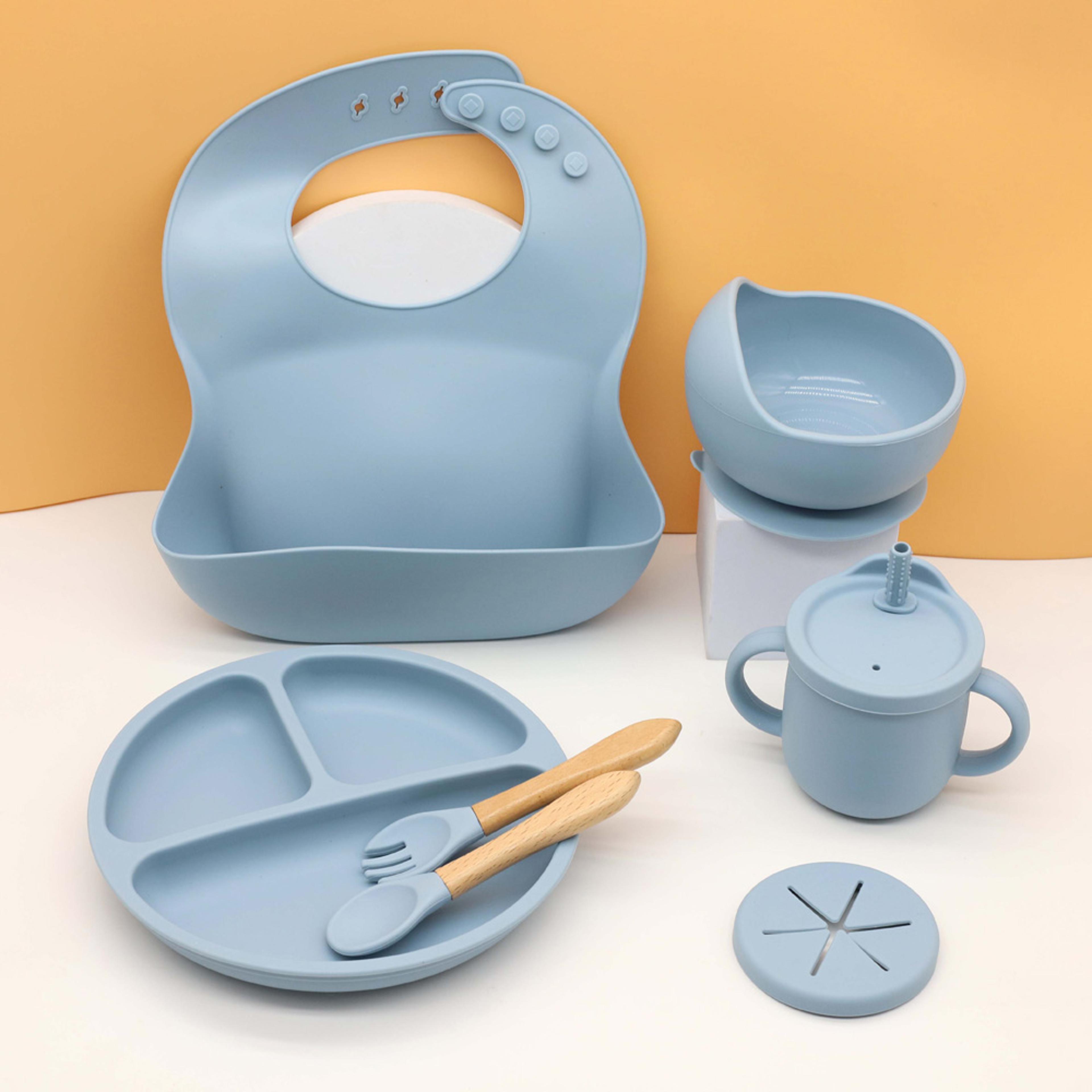 baby silicone tableware set with suction bowl bib cups plate and wooden utensils