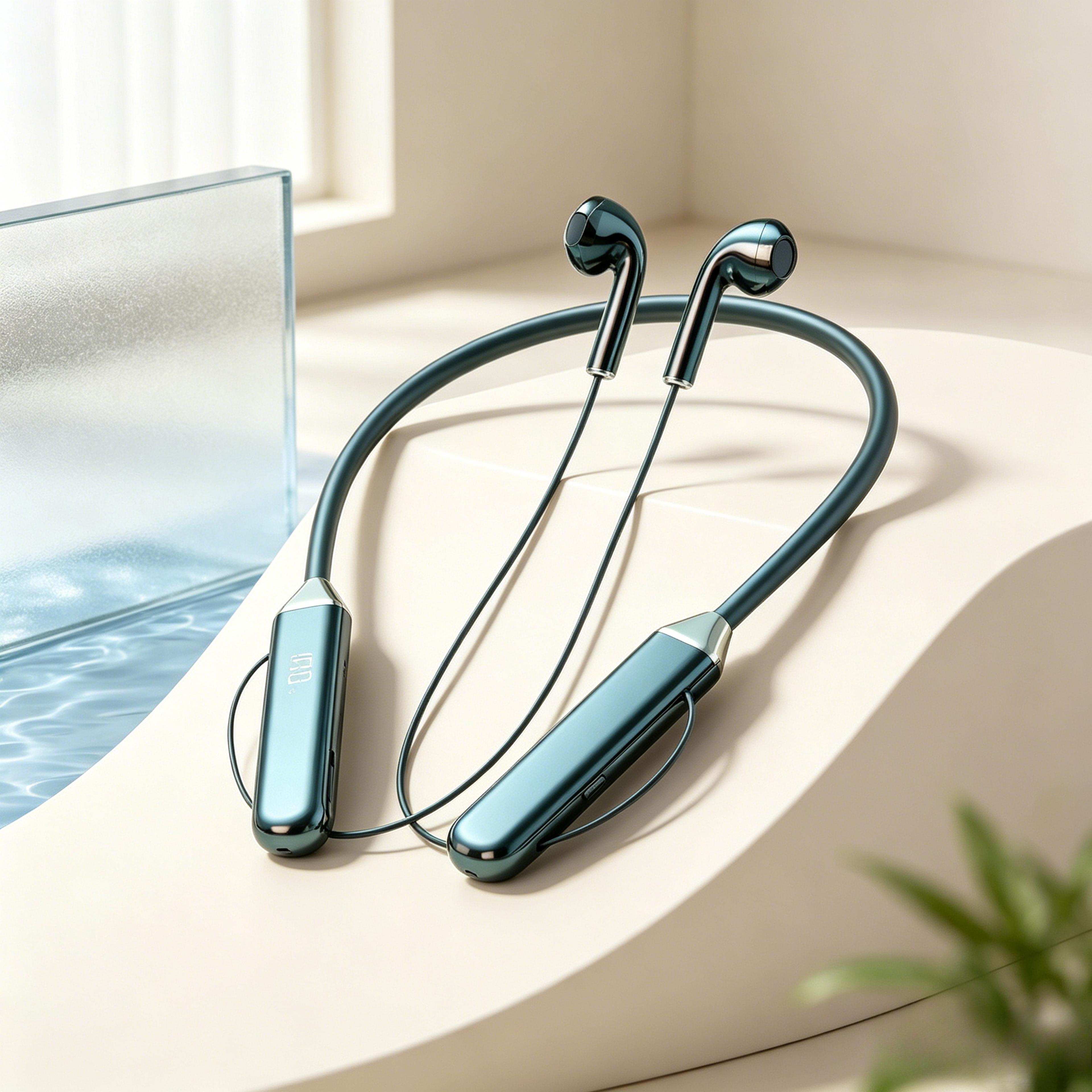 wireless neckband headphones with led display and active noise cancellation