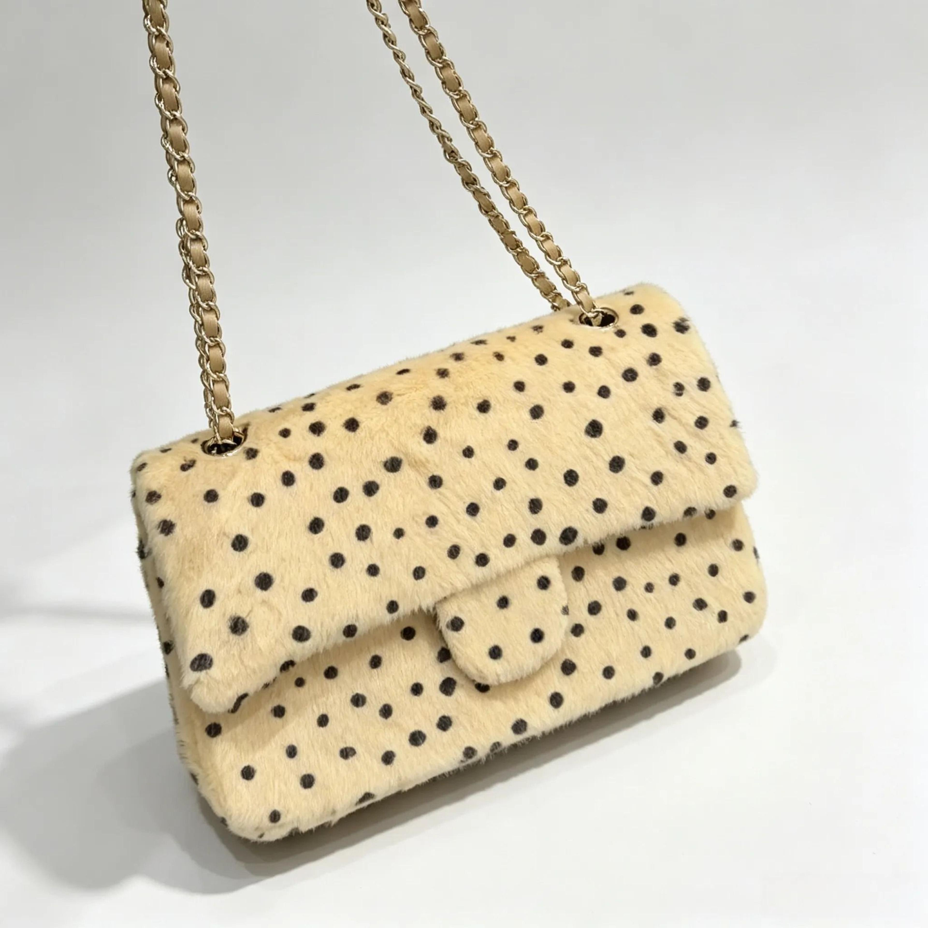 polka dot faux fur shoulder bag for women with chain strap and flap closure