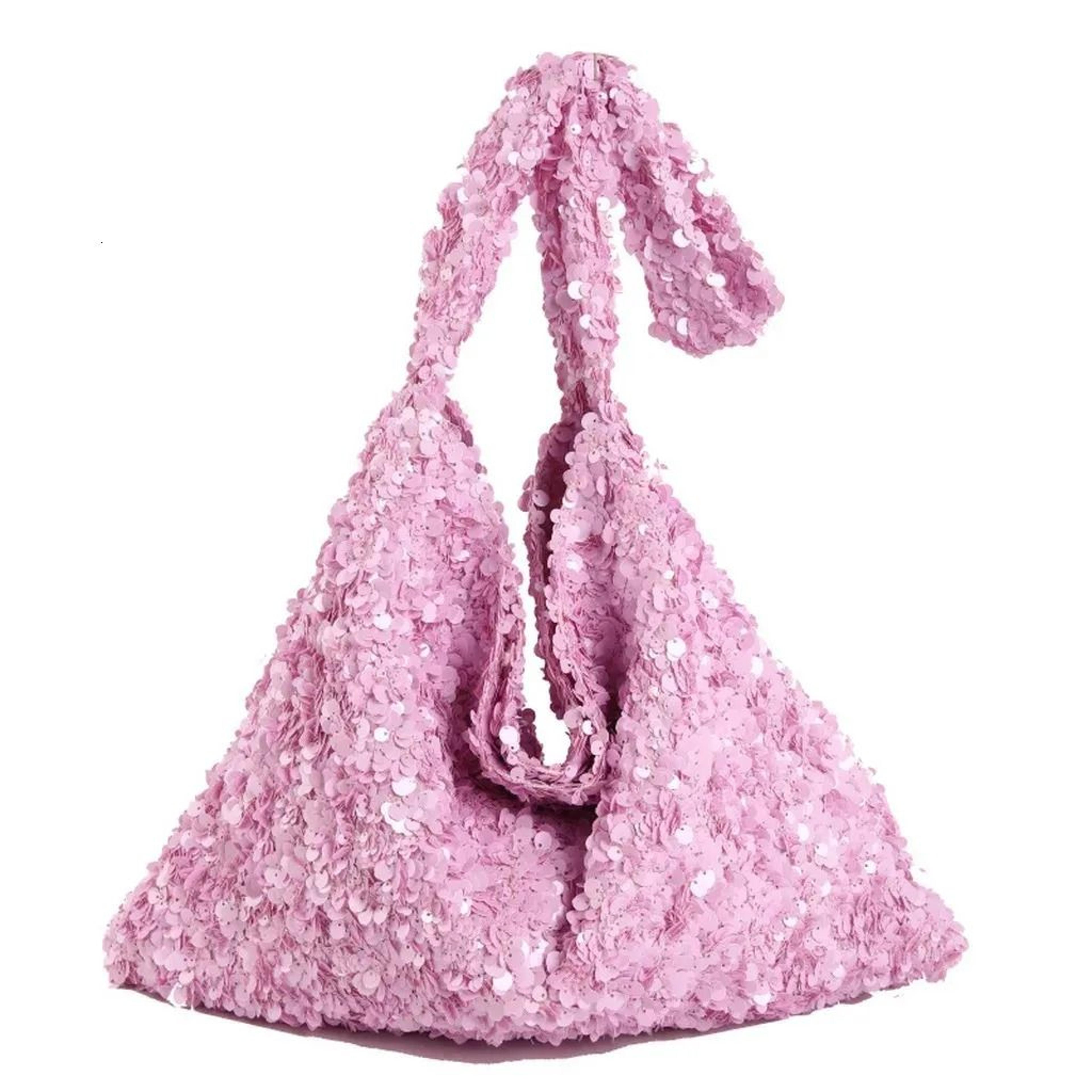 sequined tote bag with soft shoulder strap and zipper closure