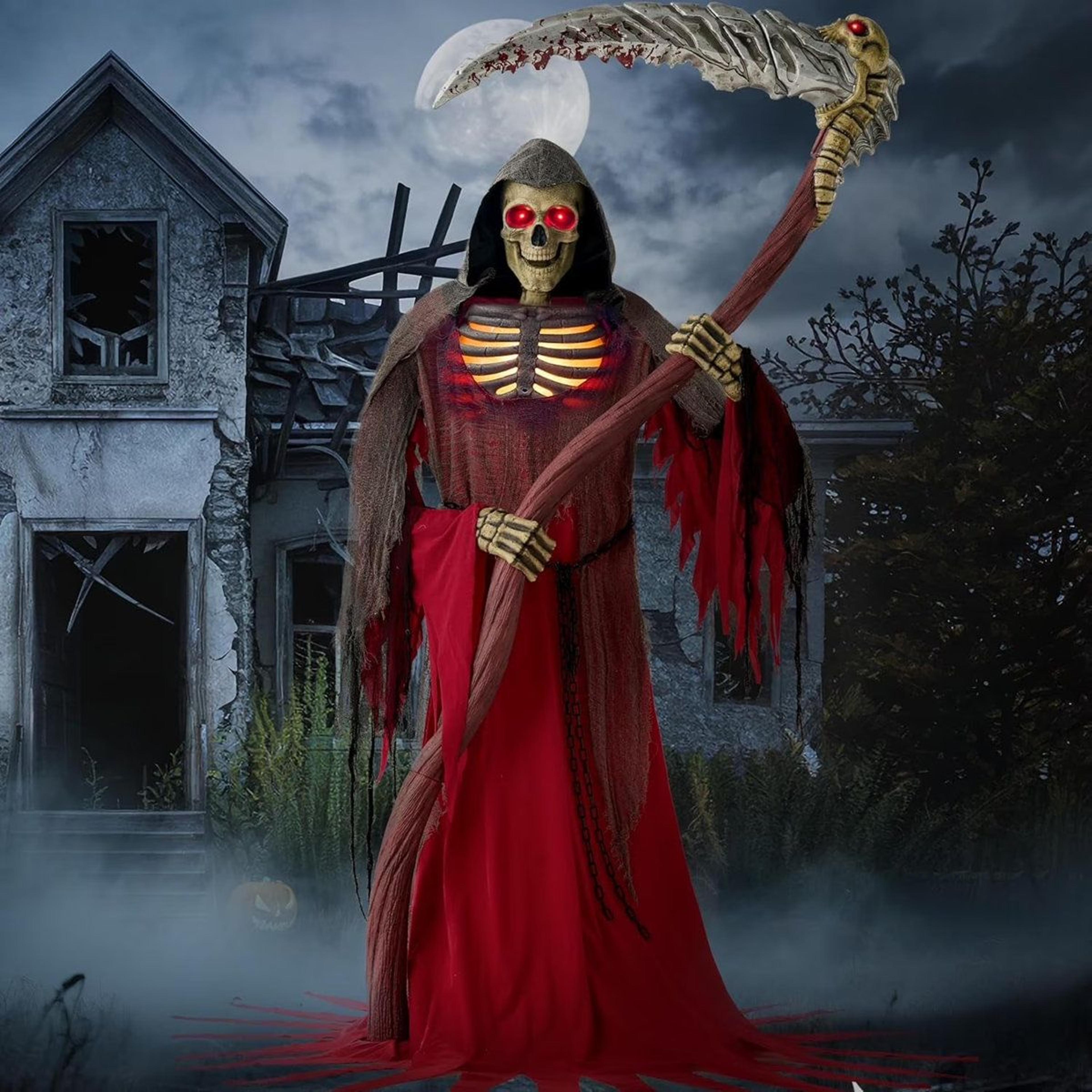 animated grim reaper halloween decoration with motion sensor led lights and giant scythe