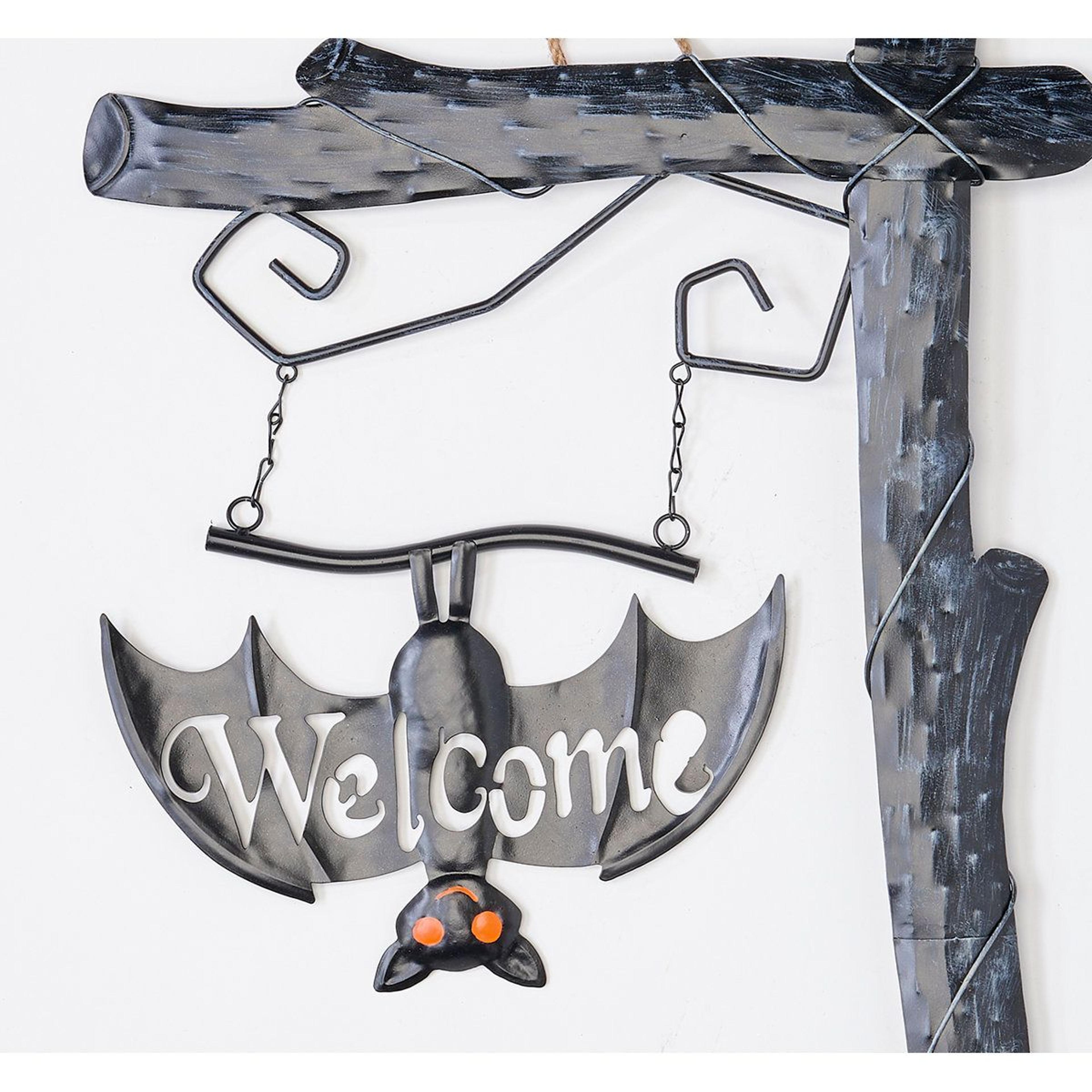 metal halloween welcome sign with hanging bat garden stake