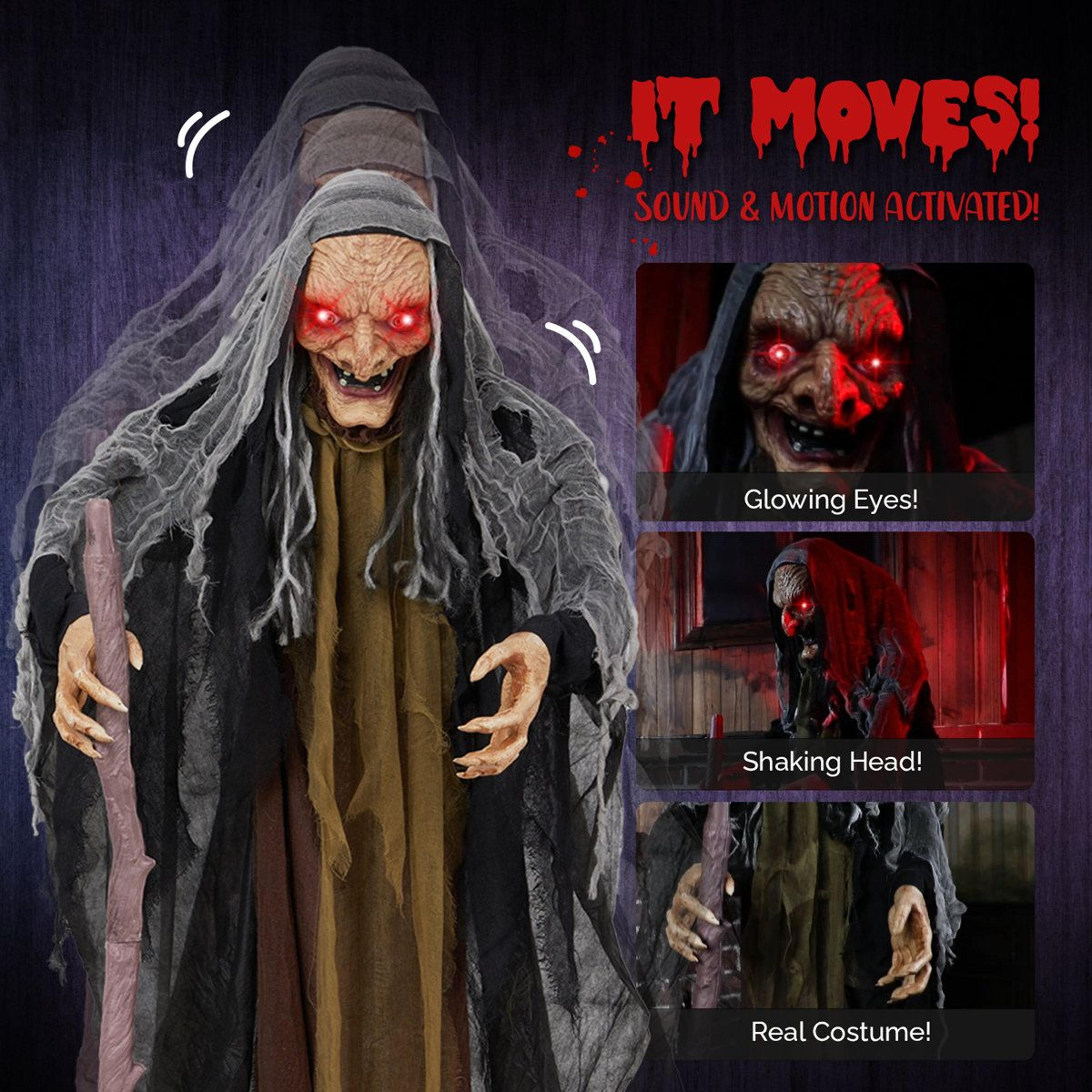 animated halloween witch decoration with glowing red eyes and sound sensor