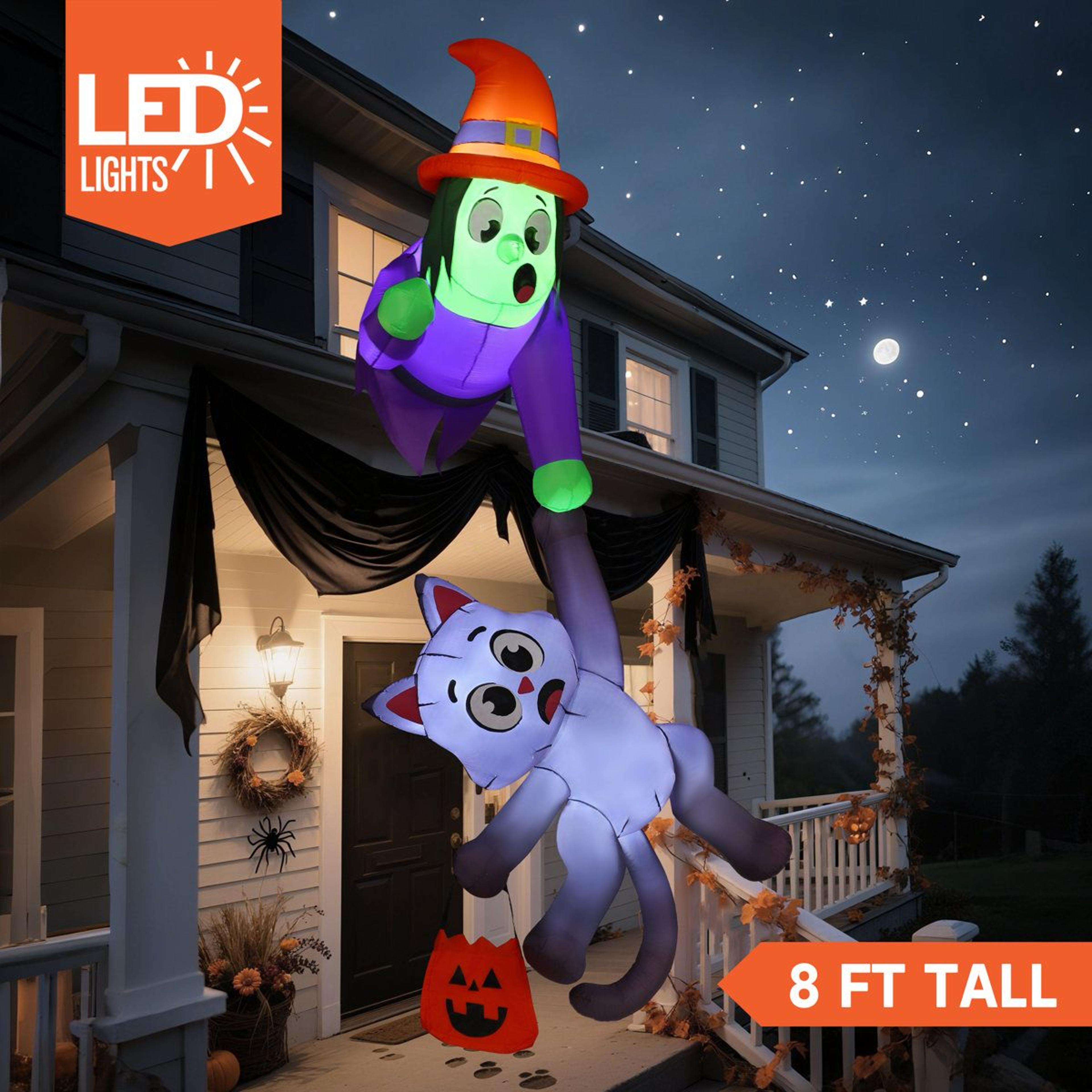 halloween inflatable witch and black cat with led lights for outdoor decoration