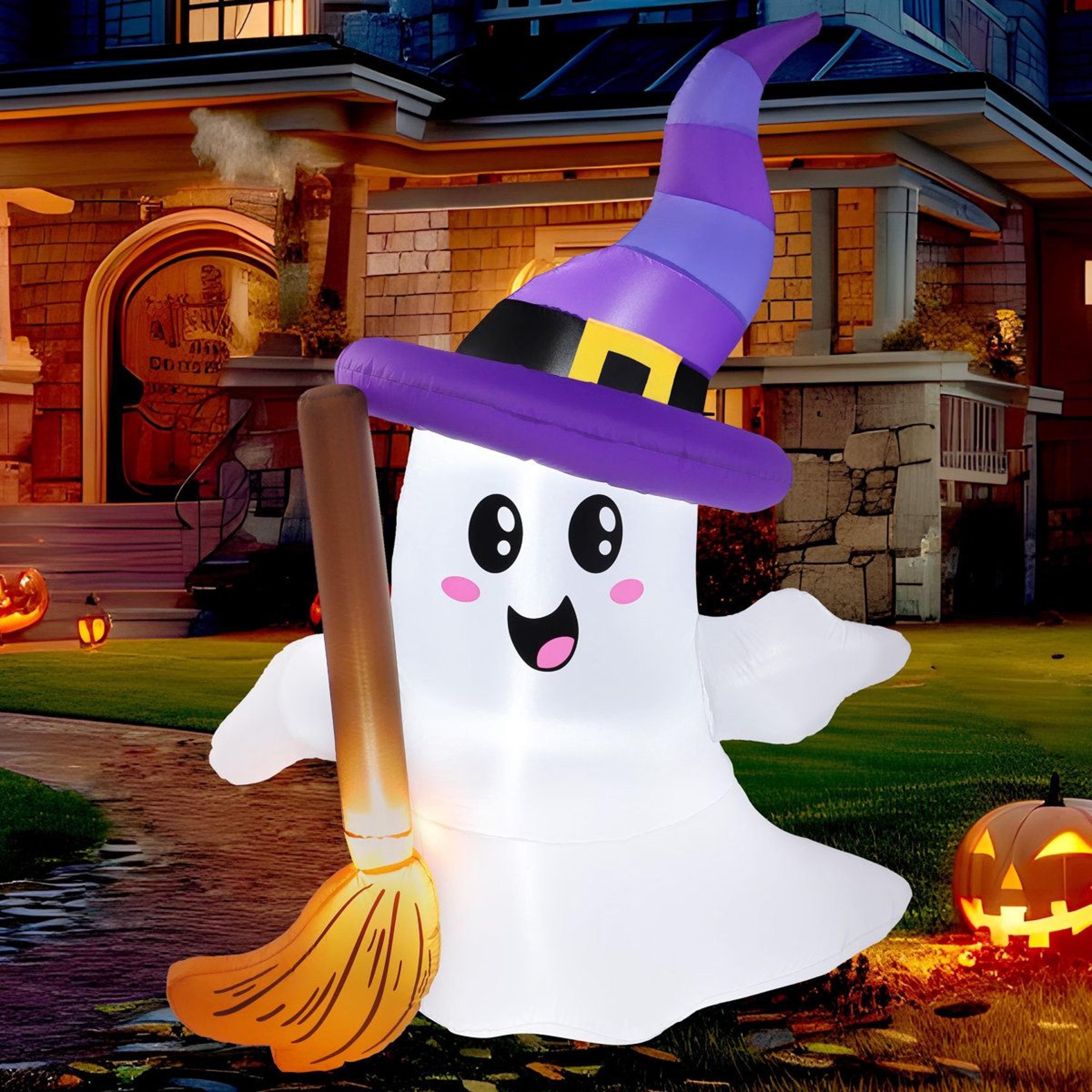 halloween inflatable ghost with broom and led lights for outdoor yard decor