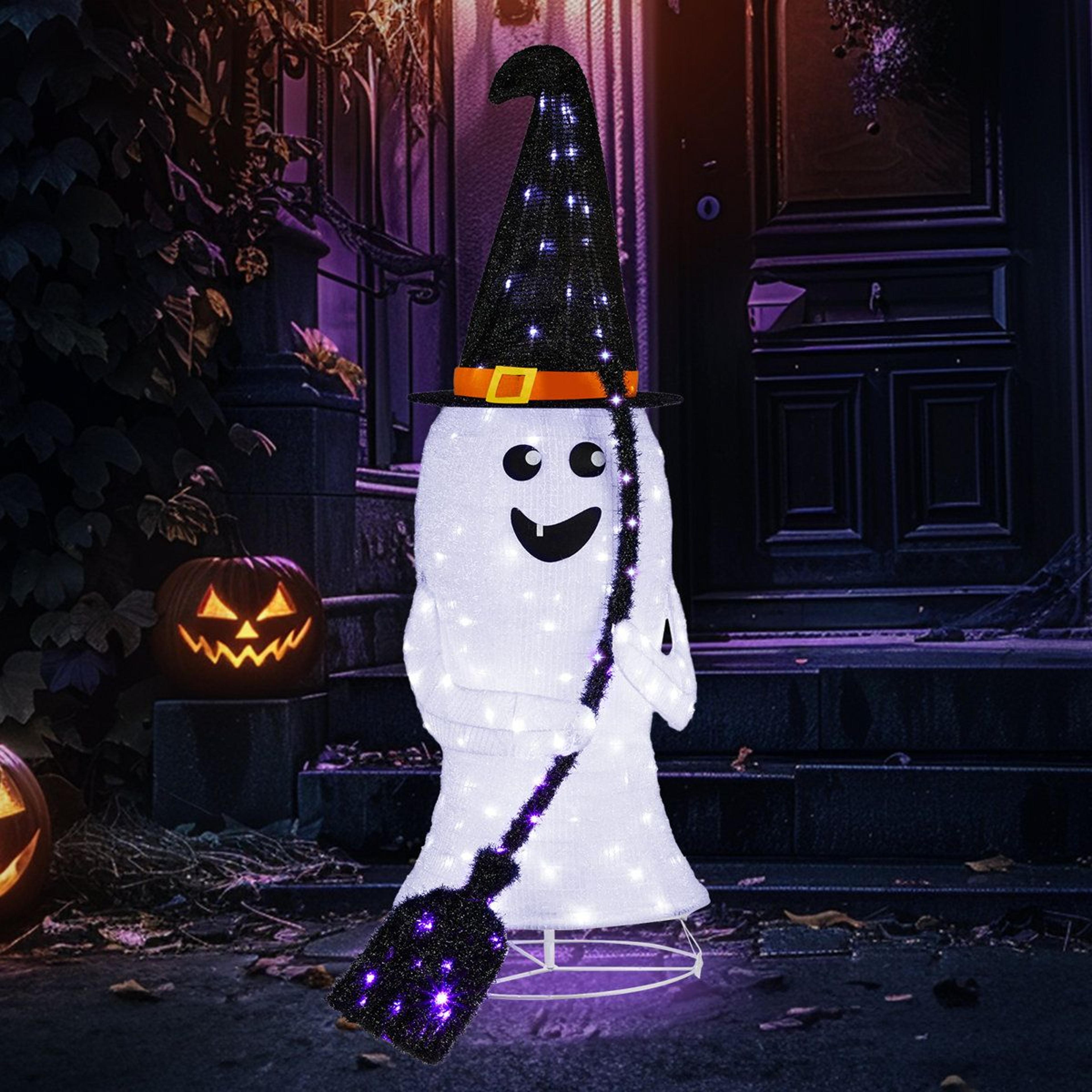 lighted halloween ghost decoration with witch hat and broom for indoor outdoor display