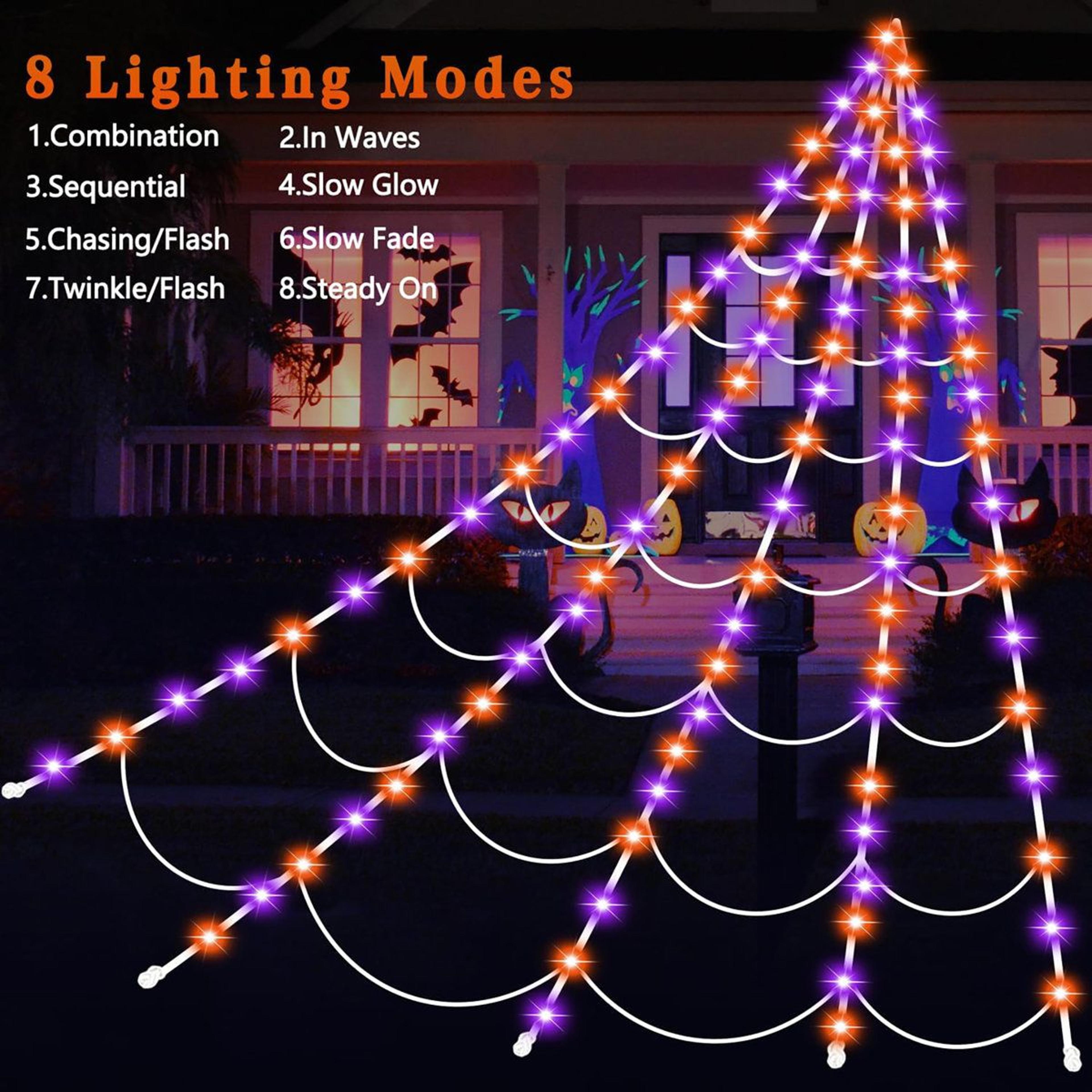halloween light up spider web with purple and orange led lights and lighting modes
