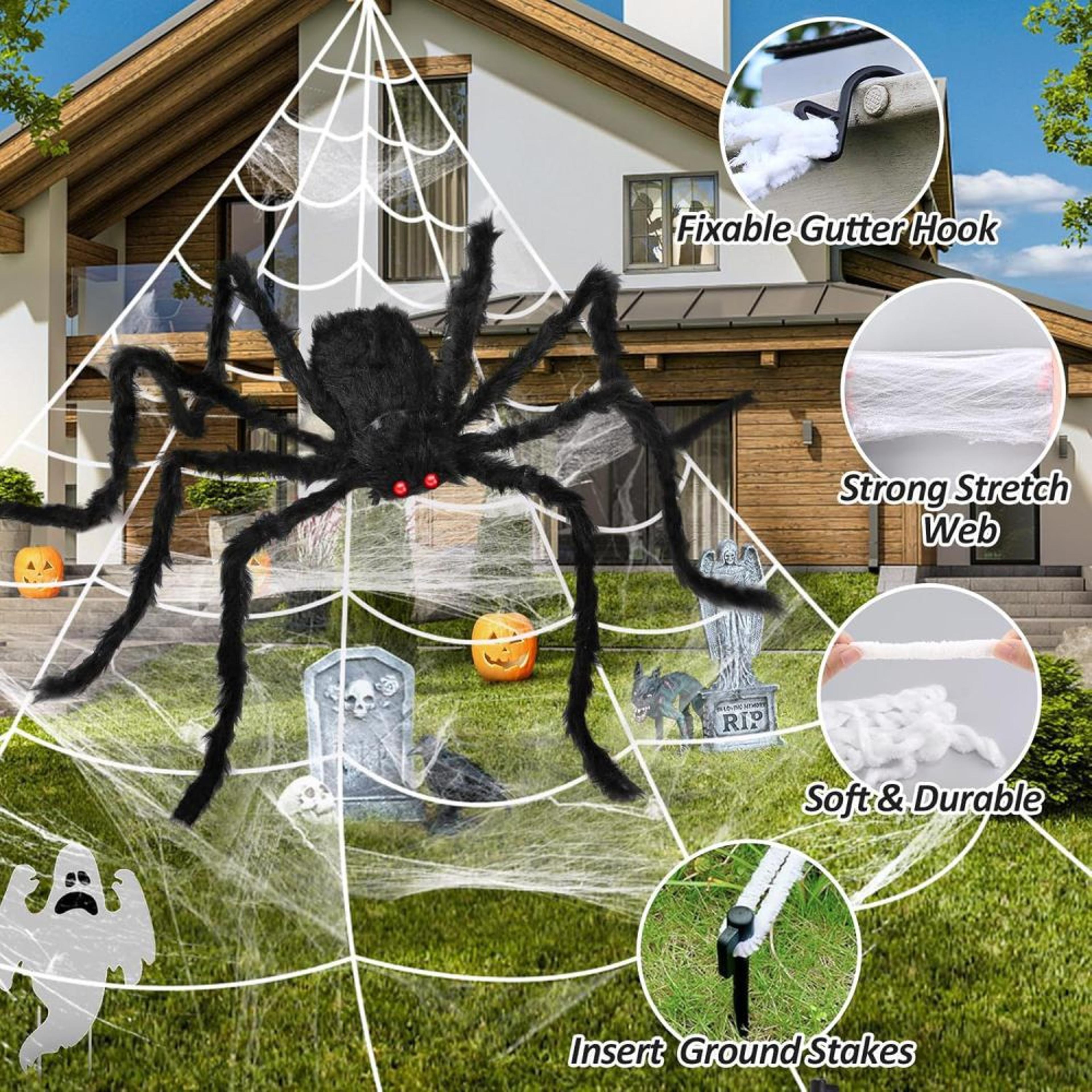 giant halloween spider web decoration with fake spider and stretch cobweb