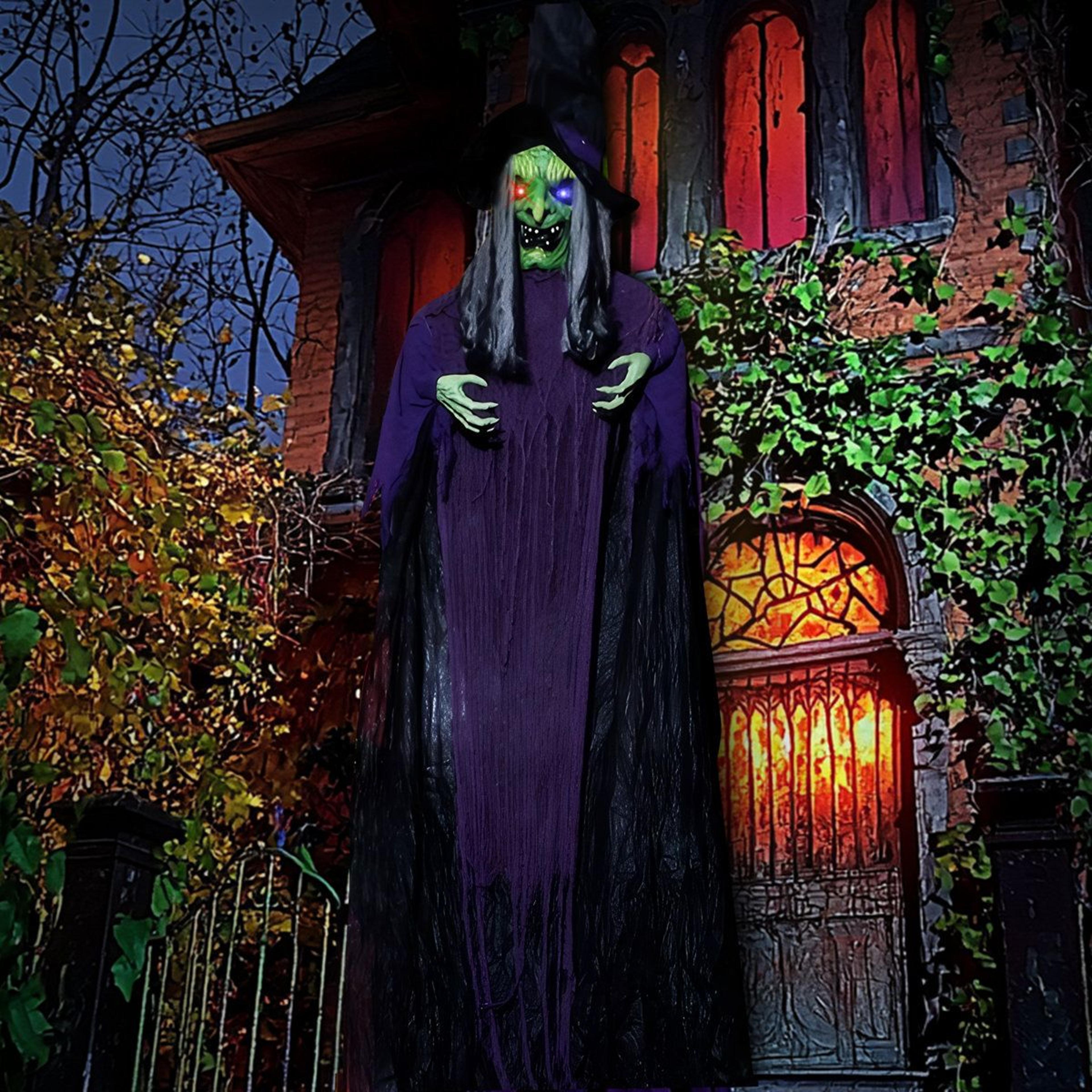 hanging halloween witch decoration with sound activation and glowing led eyes