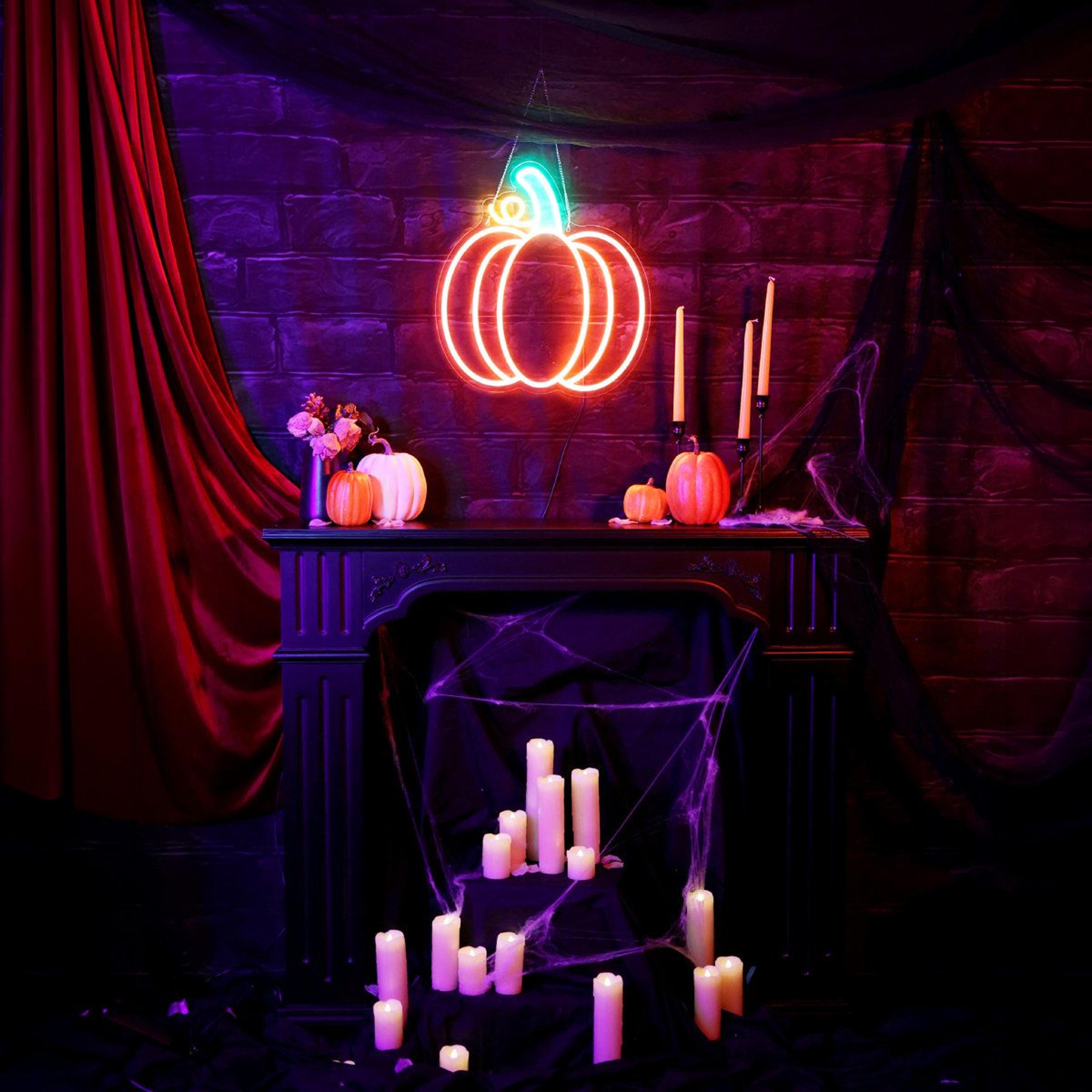 neon led pumpkin halloween wall decoration with orange and yellow lights