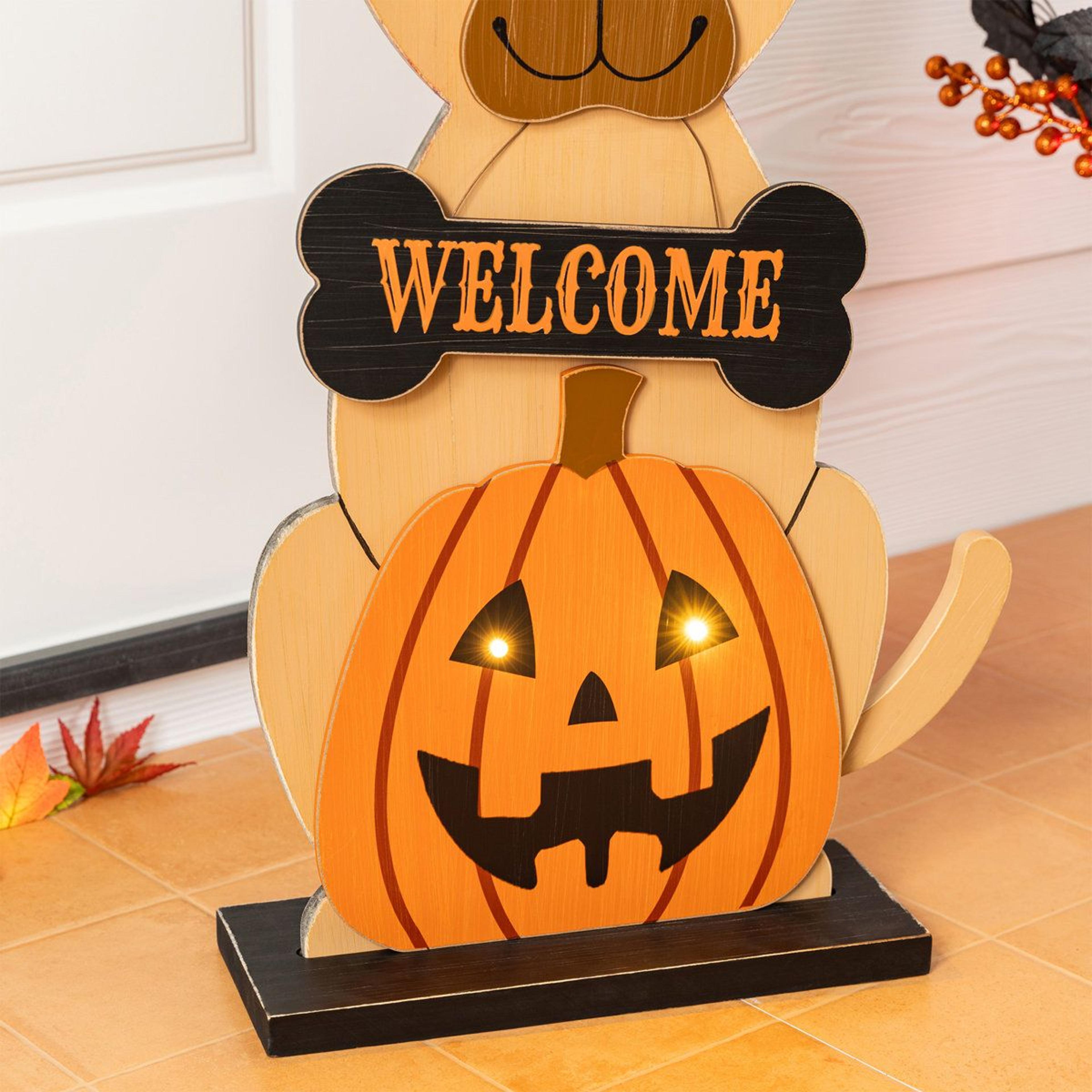 lighted wooden halloween porch decor with witch dog and timer