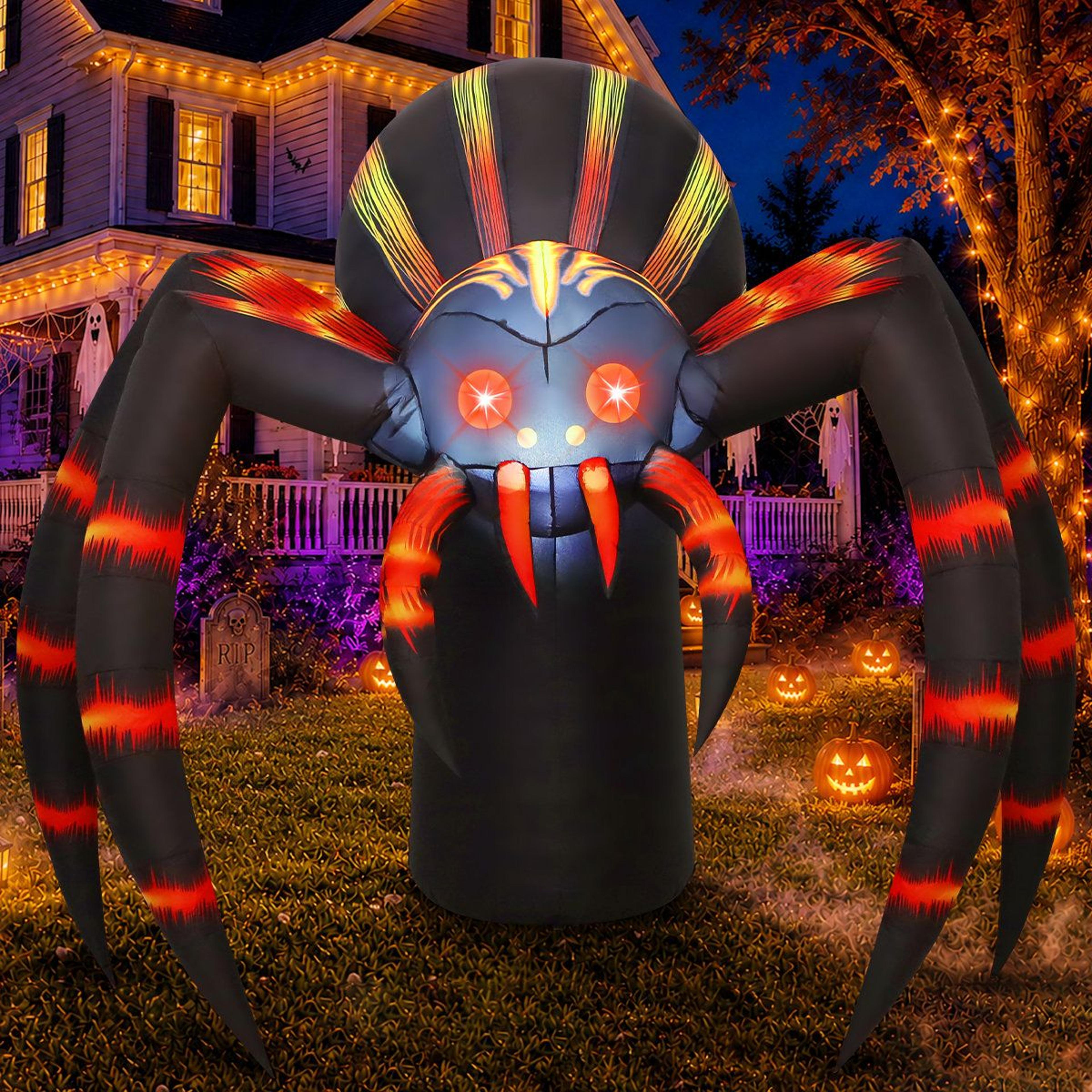 halloween inflatable spider with led lights and orange striped legs