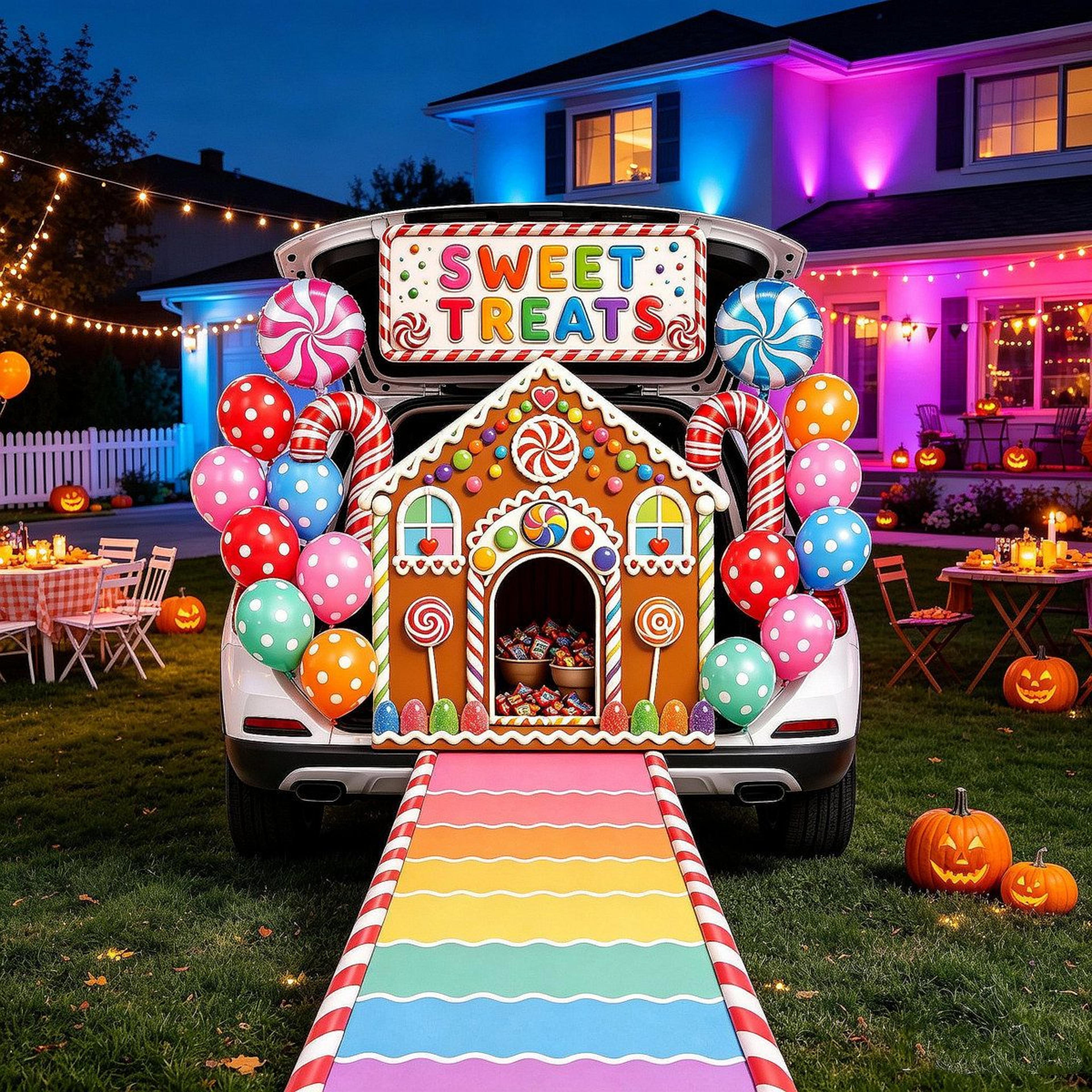 halloween trunk or treat decorations kit with candy themed backdrop and balloons