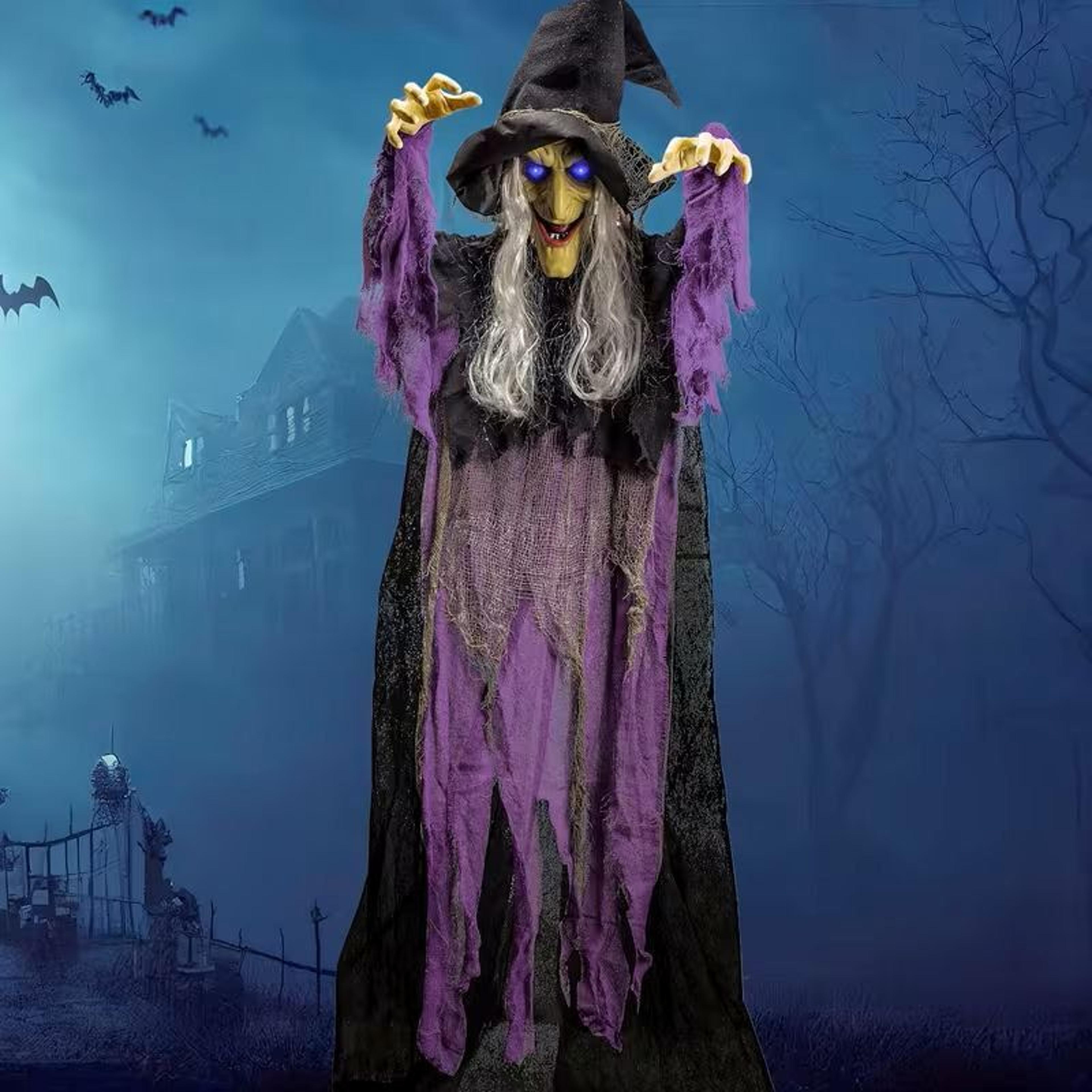 hanging halloween witch decoration with light up eyes and sound activation