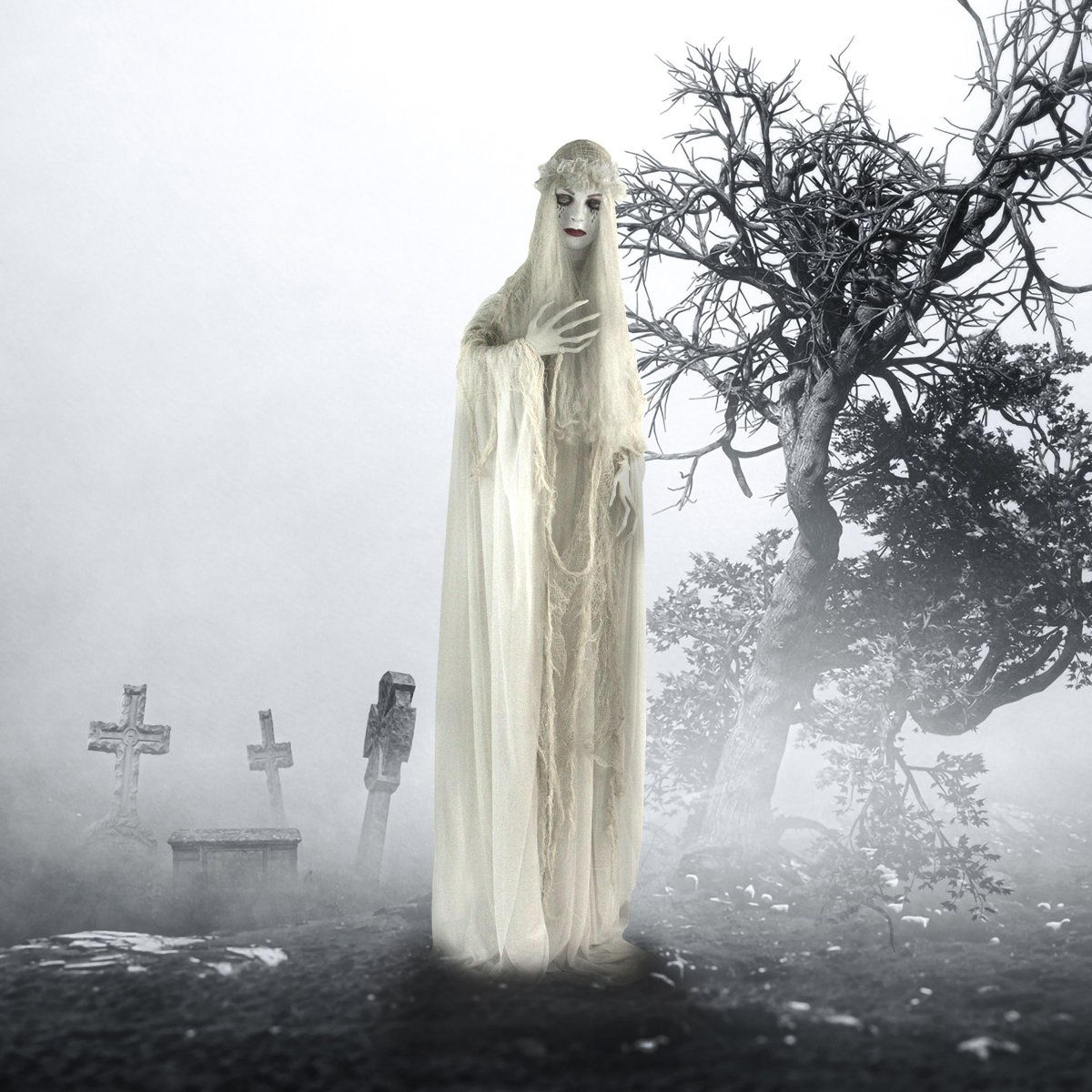 life-size ghost bride halloween animatronic with led lights and sound