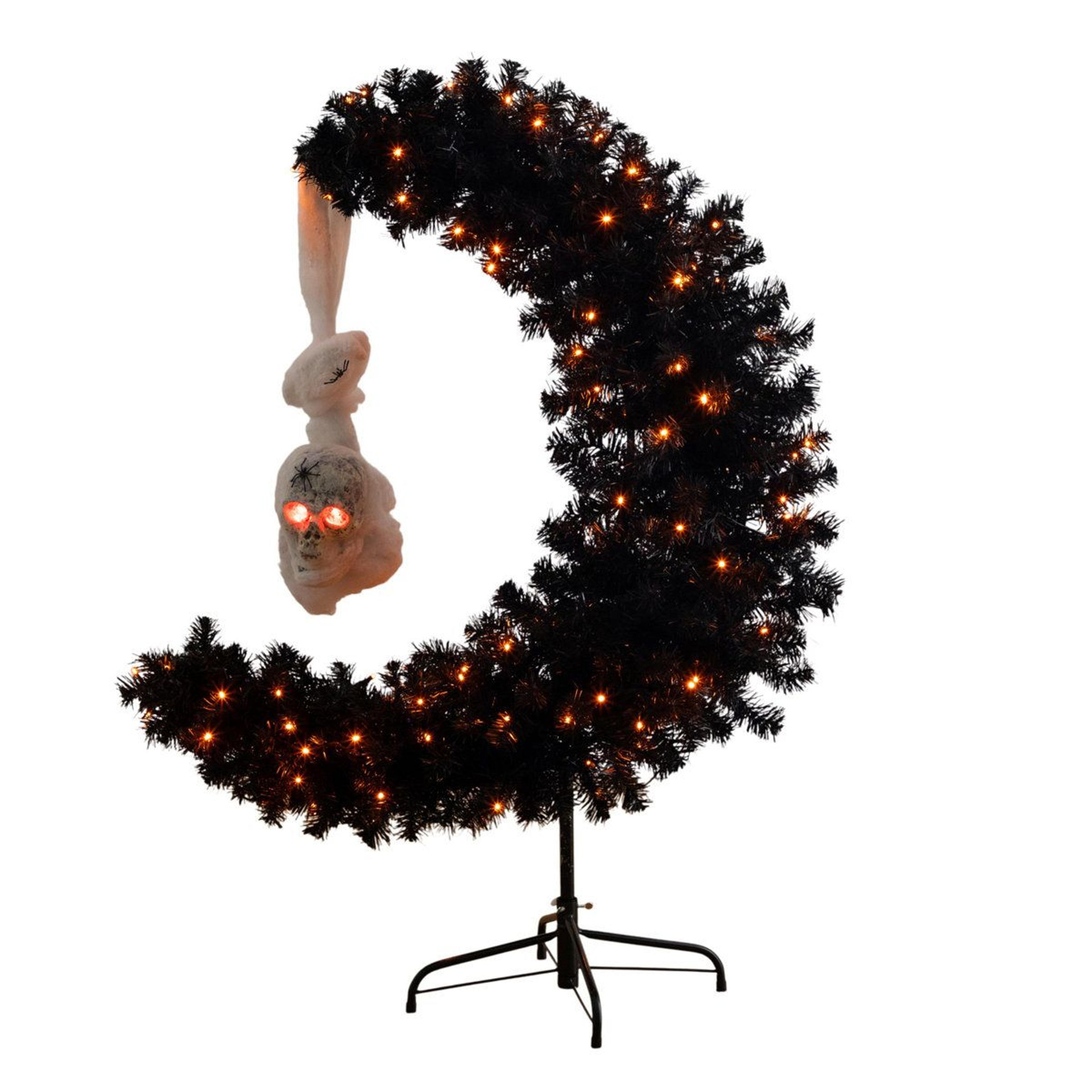 pre lit black halloween moon and skull tree with orange and purple led lights