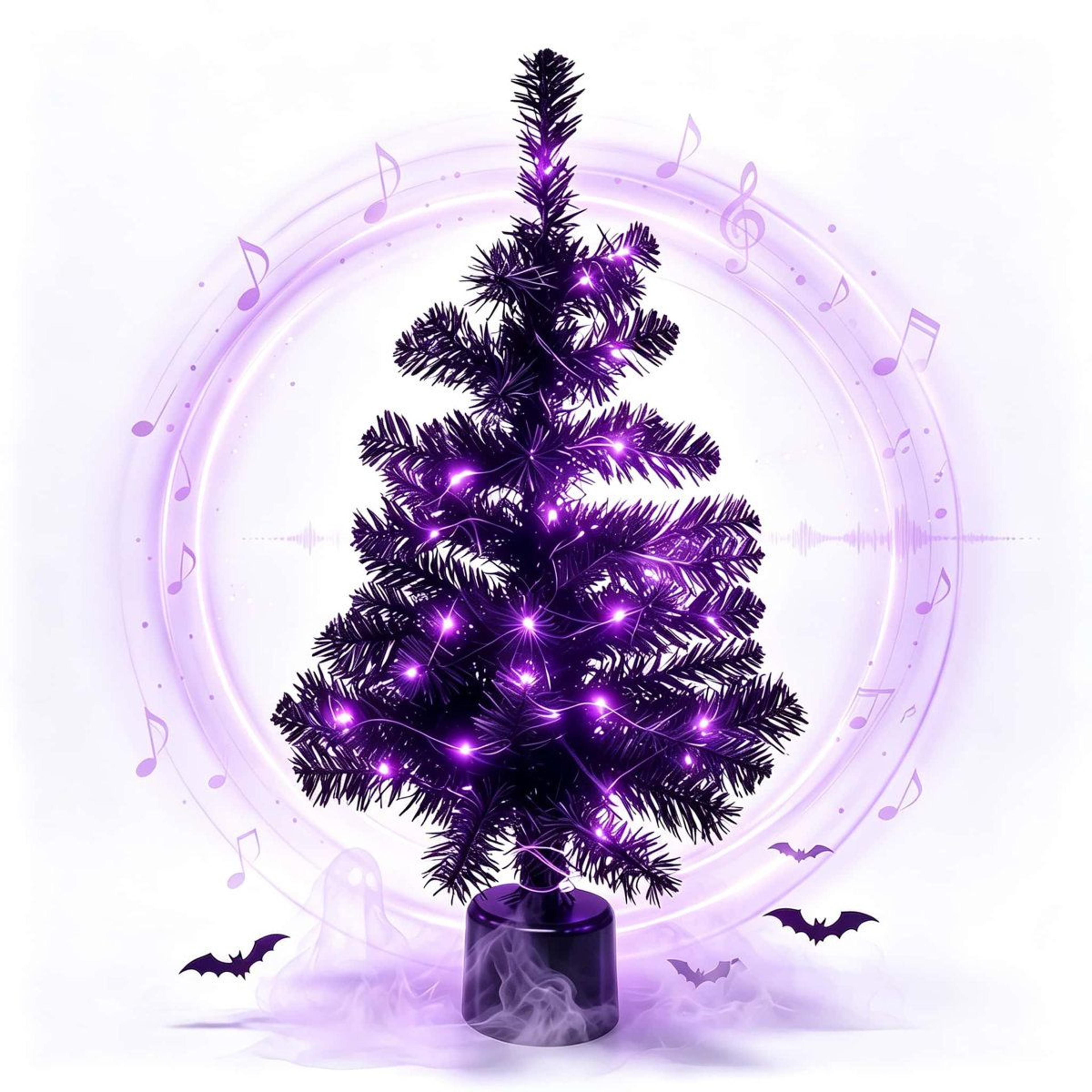 black rotating halloween tabletop tree with purple led lights and music
