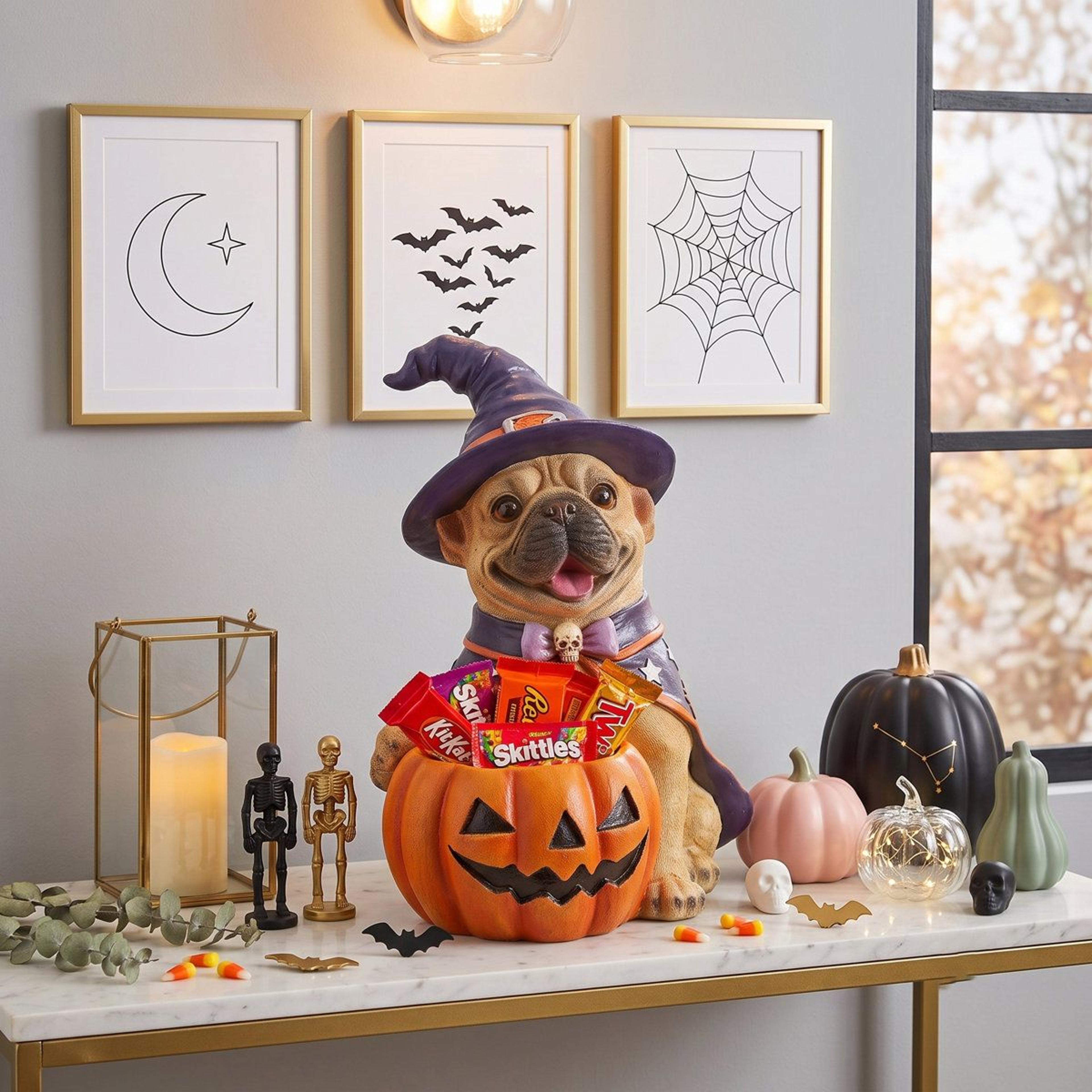halloween dog figurine with witch costume and jack o lantern candy holder