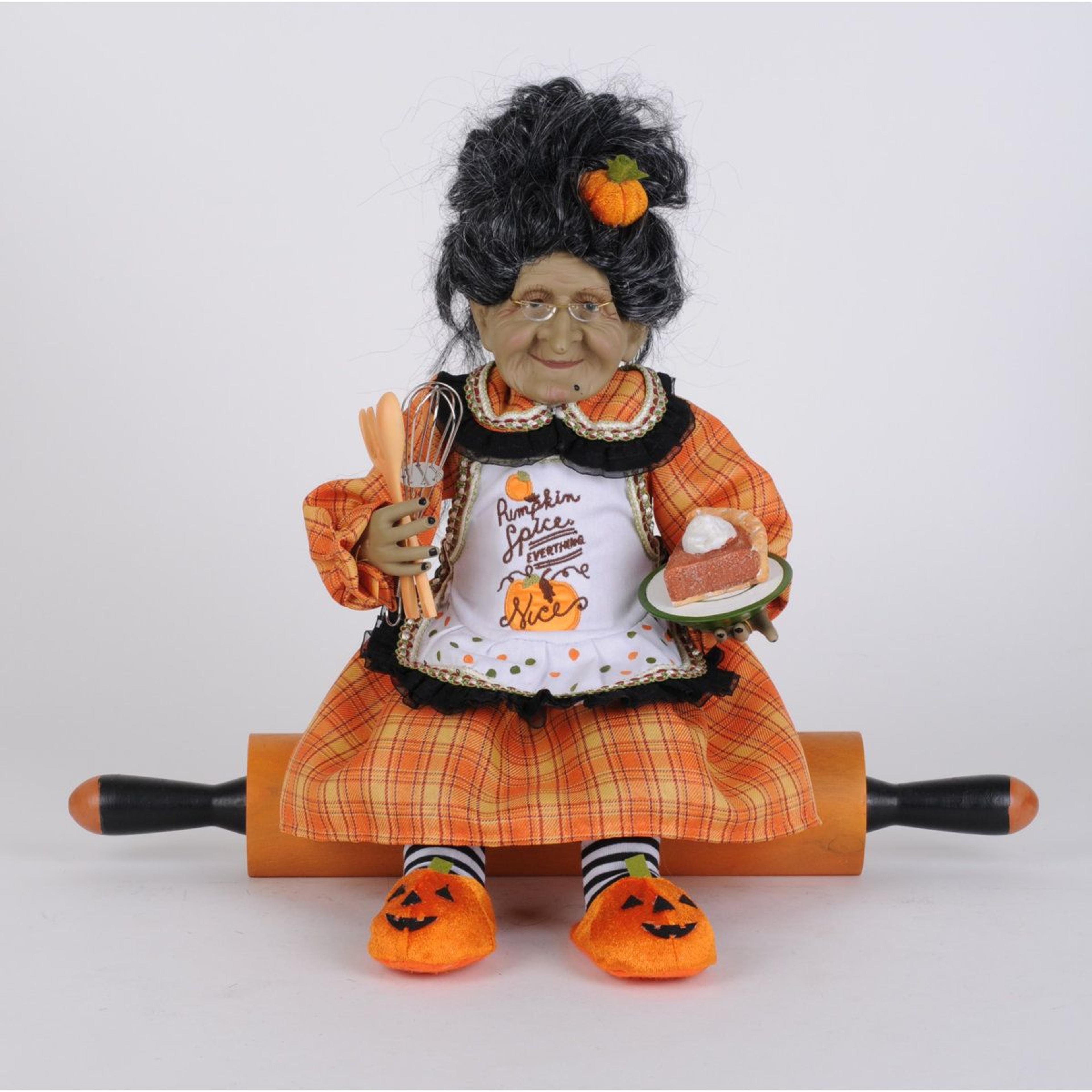 pumpkin spice granny witch figurine on rolling pin fall decor