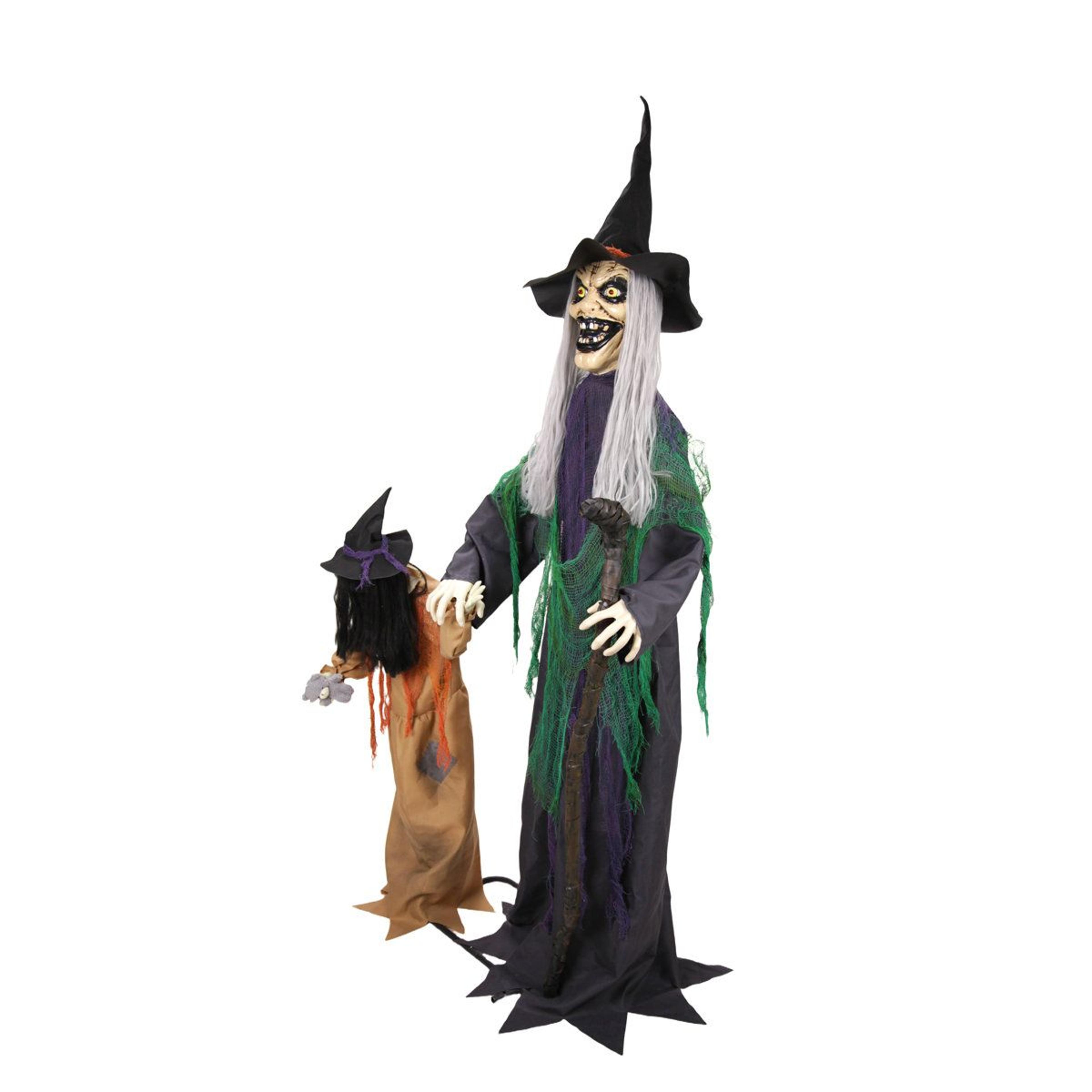 standing witch and creepy girl halloween animatronic with moving head and red led eyes