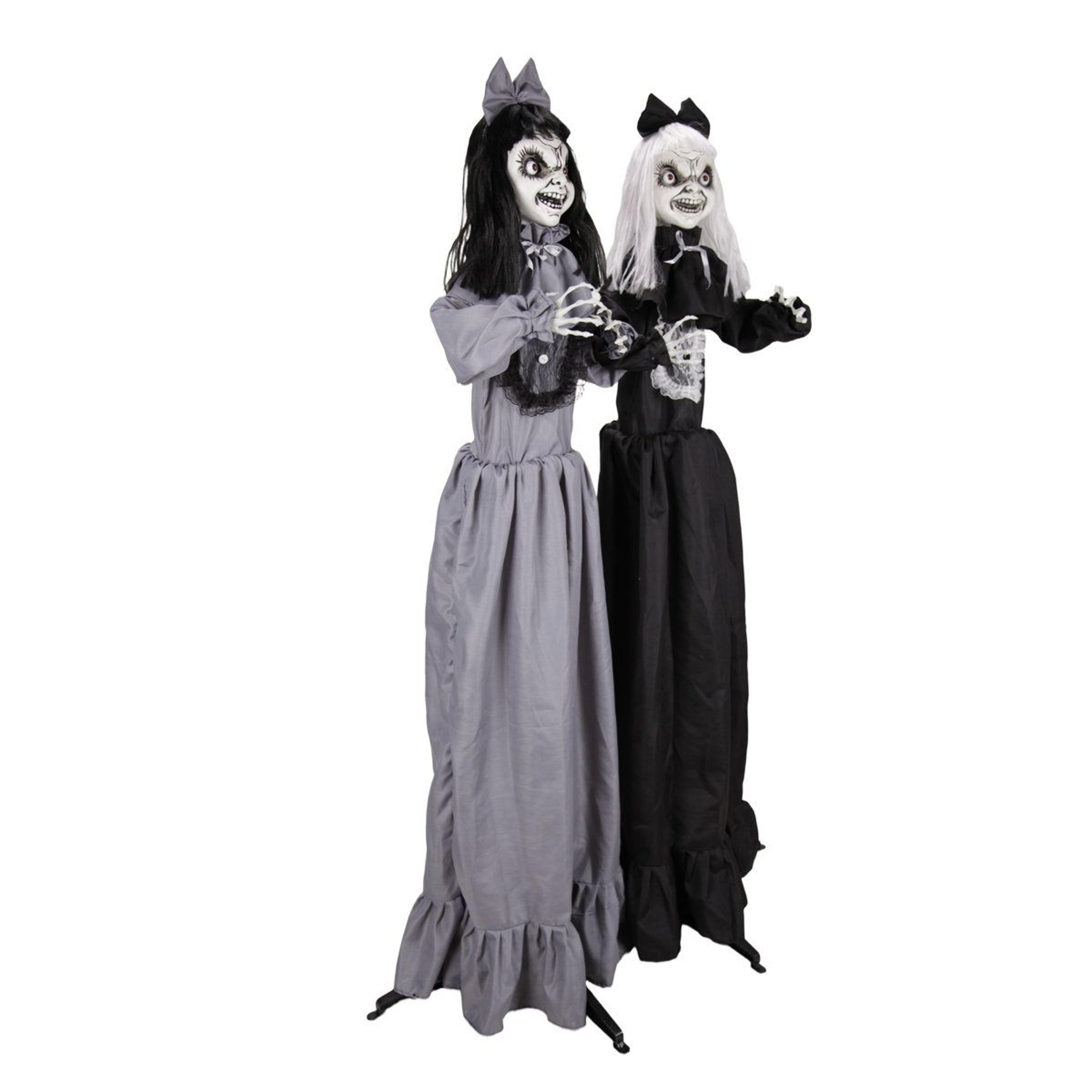 animated girl twins halloween animatronic with moving heads and red led eyes