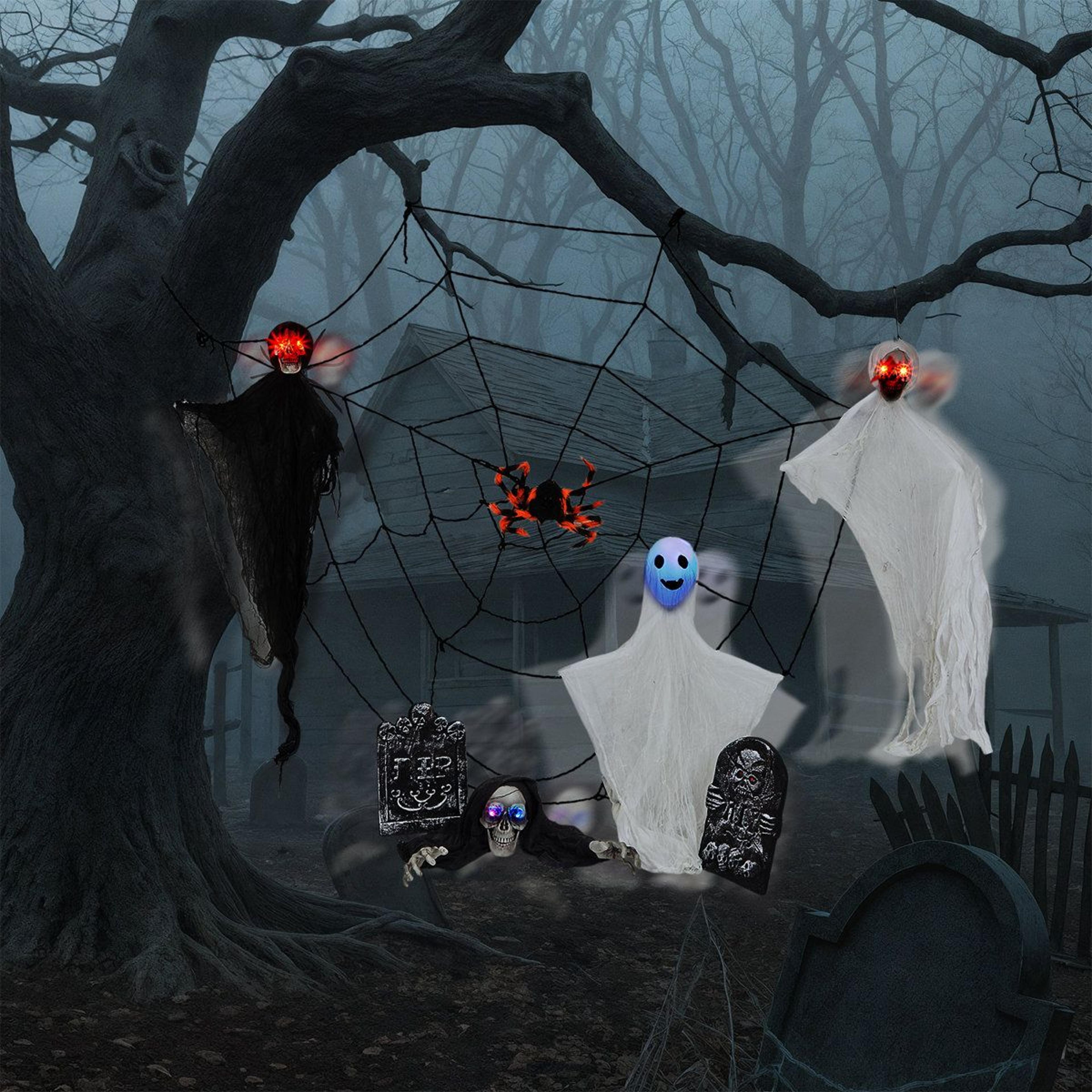 halloween outdoor decorations set with led light up ghosts and cobweb