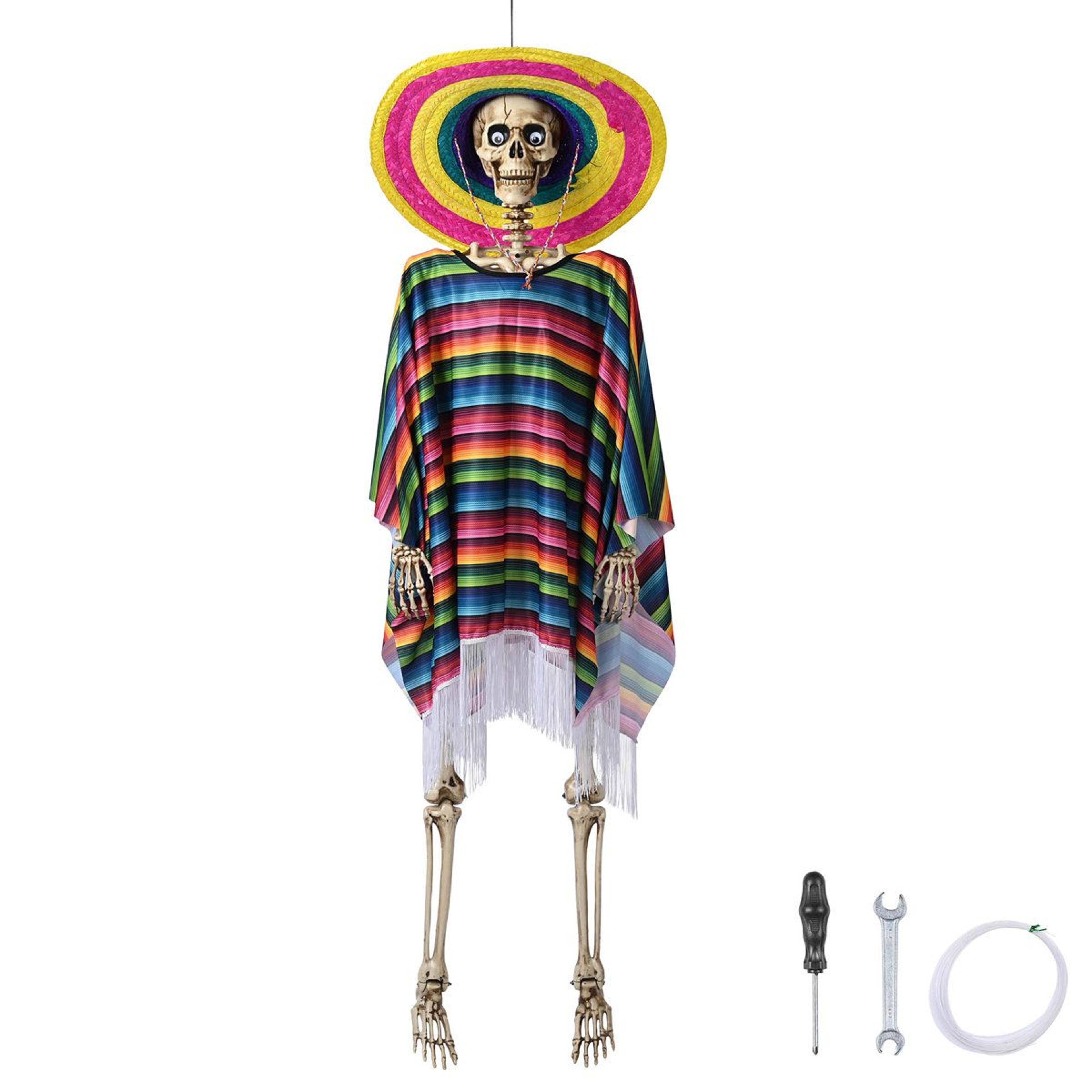 life size posable halloween skeleton with sombrero and rainbow shawl