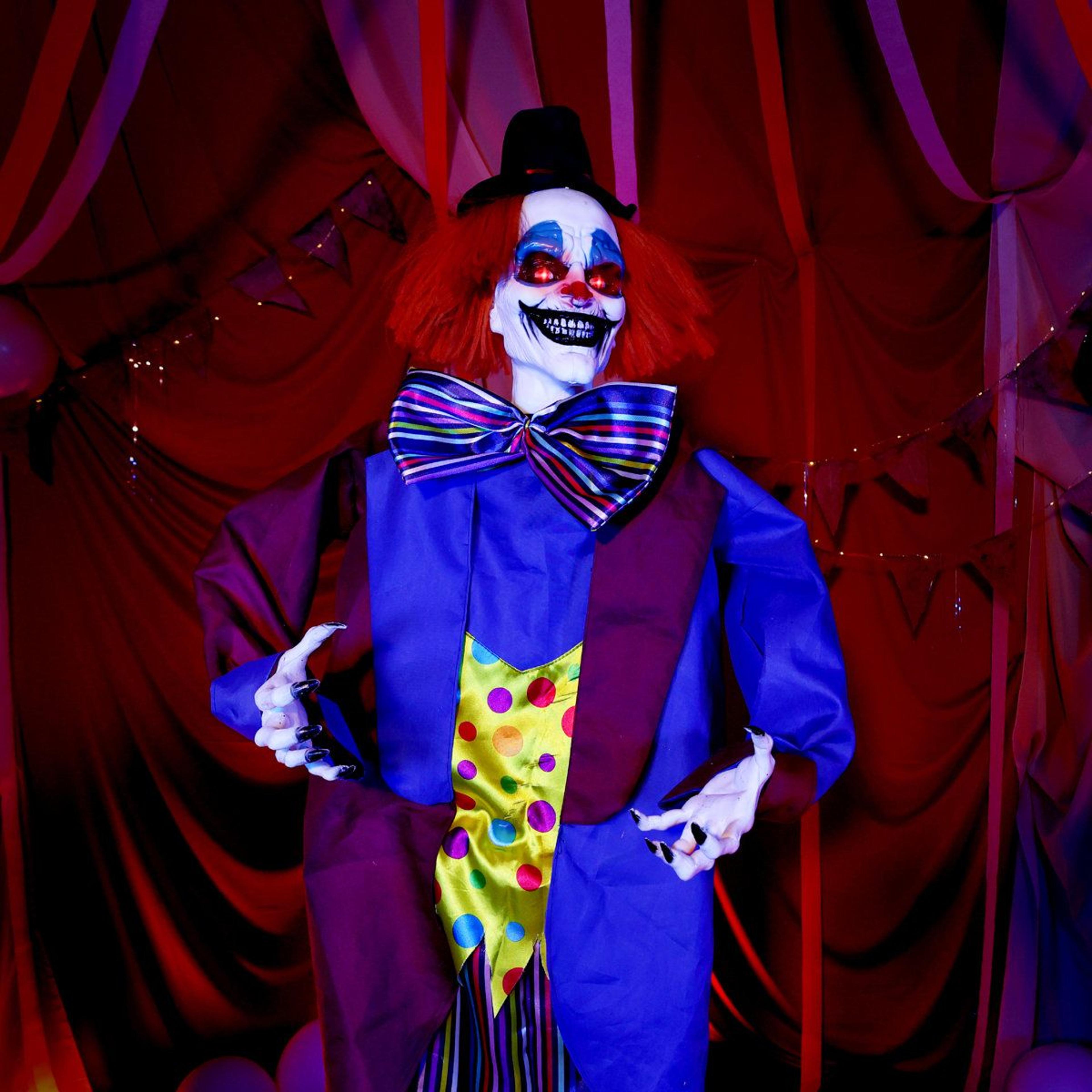 animated hanging clown halloween decoration with moving head and red led eyes