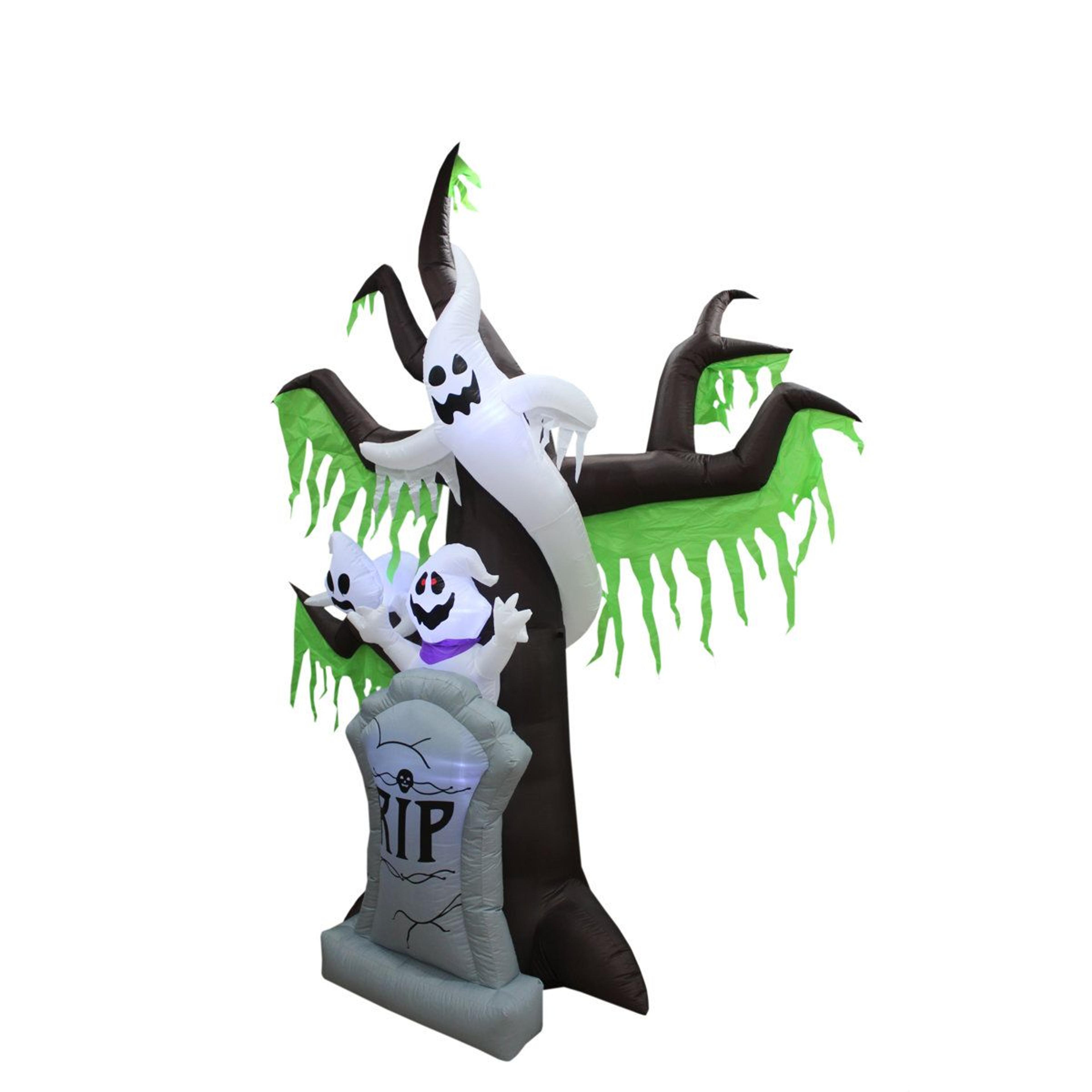 lighted halloween inflatable graveyard scene with ghosts and haunted tree