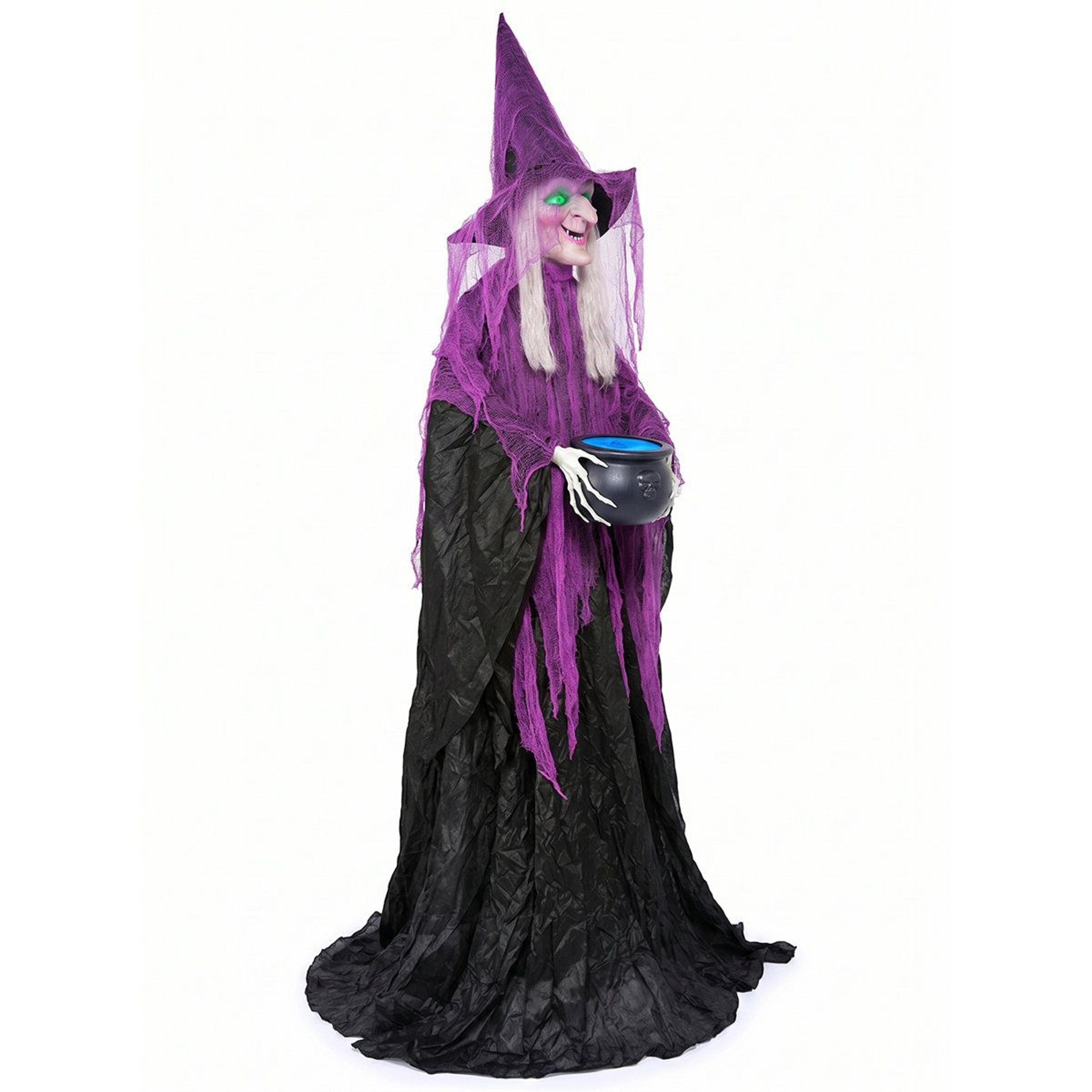 standing halloween witch with sound-activated lights and cauldron