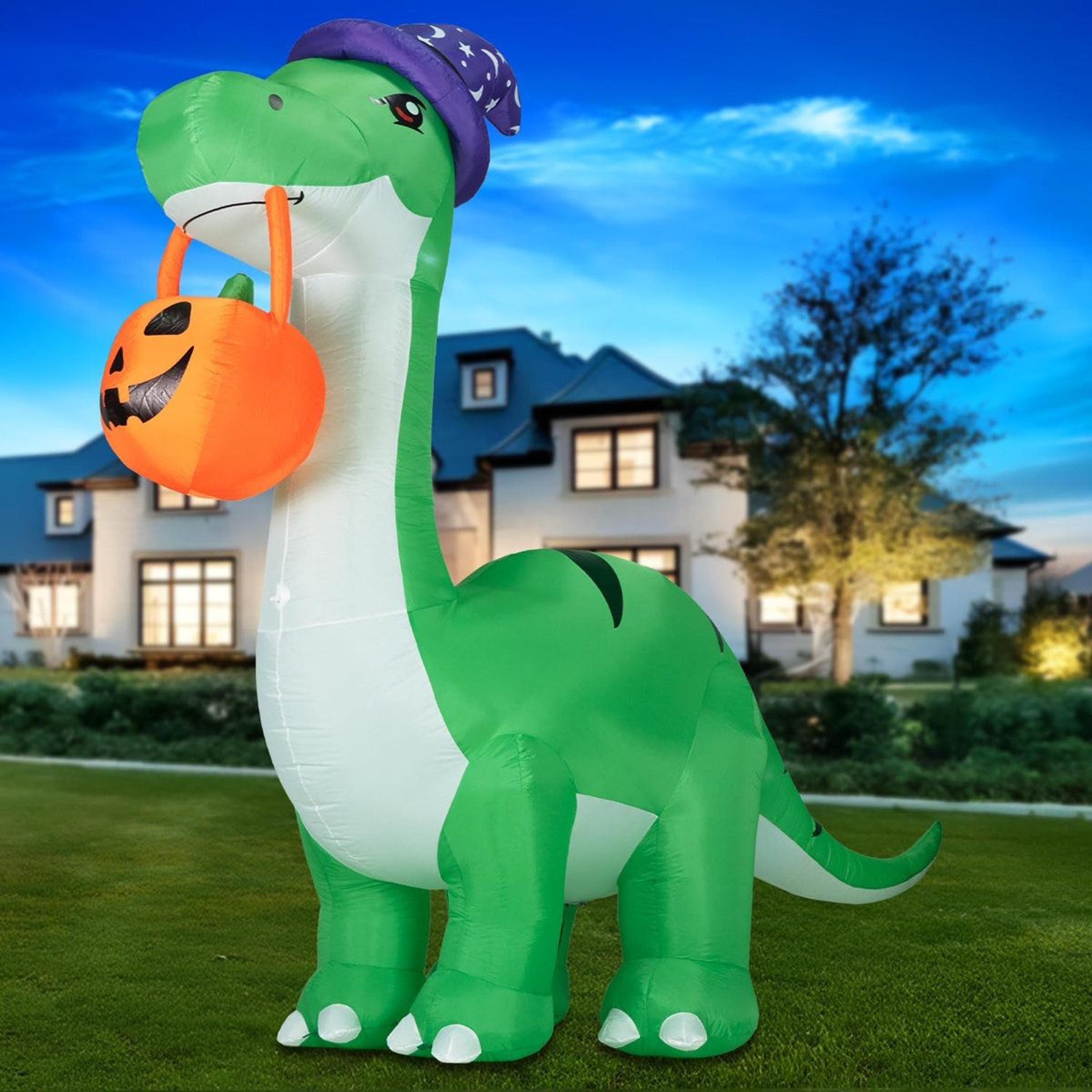 halloween inflatable dinosaur with led lights witch hat and pumpkin