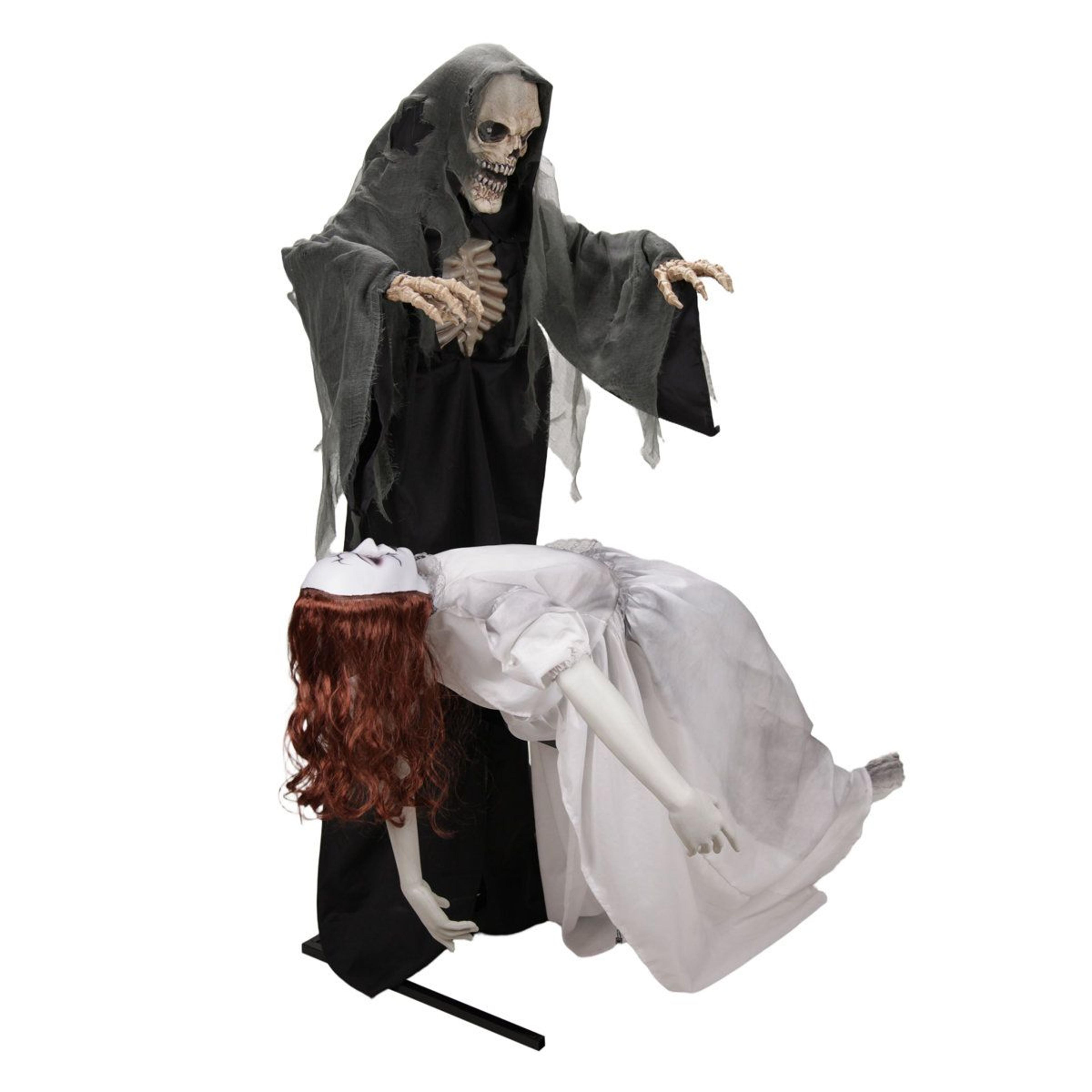 floating lady and grim reaper halloween animatronic with rising motion and red led eyes