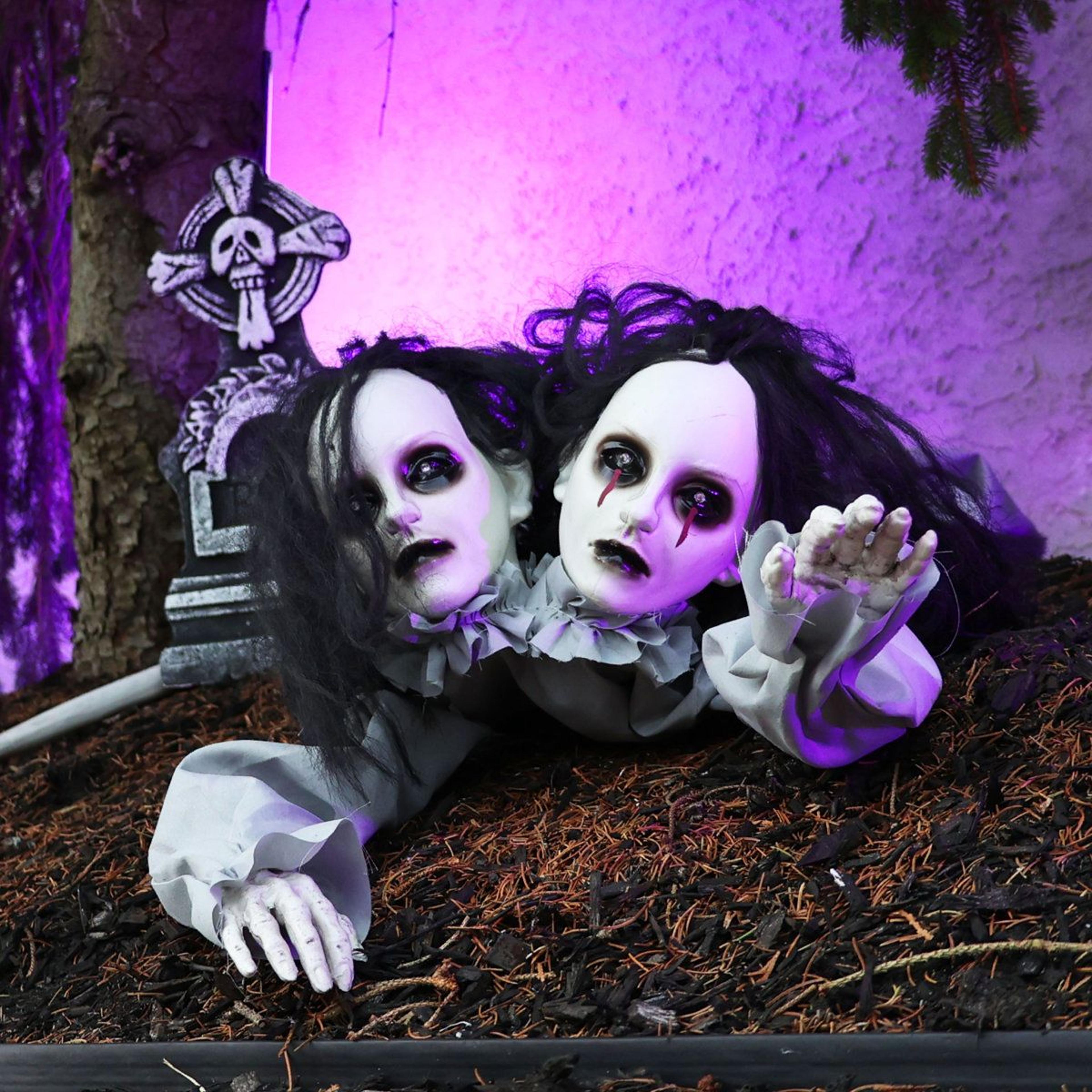 crawling double head girl halloween animatronic with sound activation and red led eyes