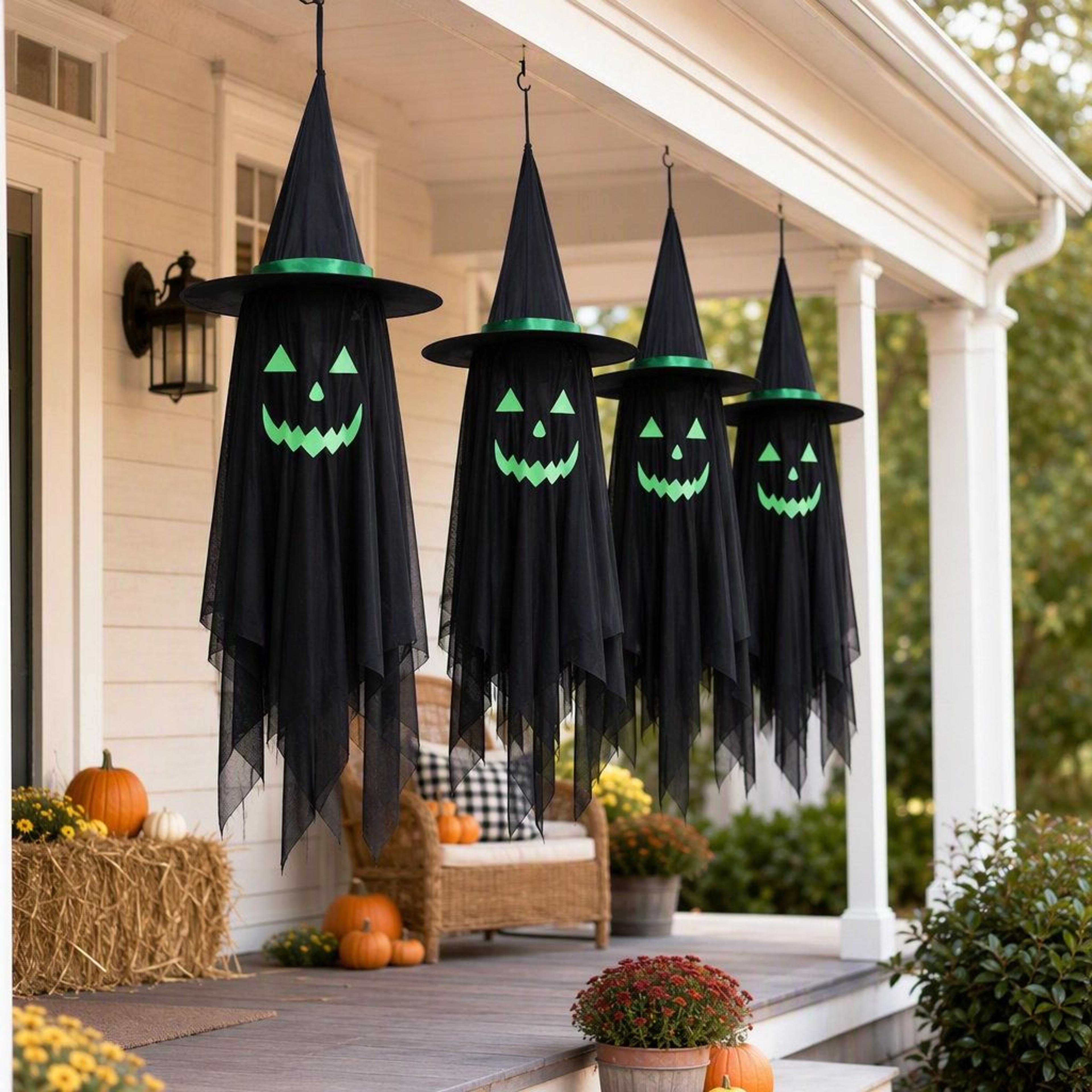 halloween hanging ghost decoration with witch hat glow in the dark black ghost