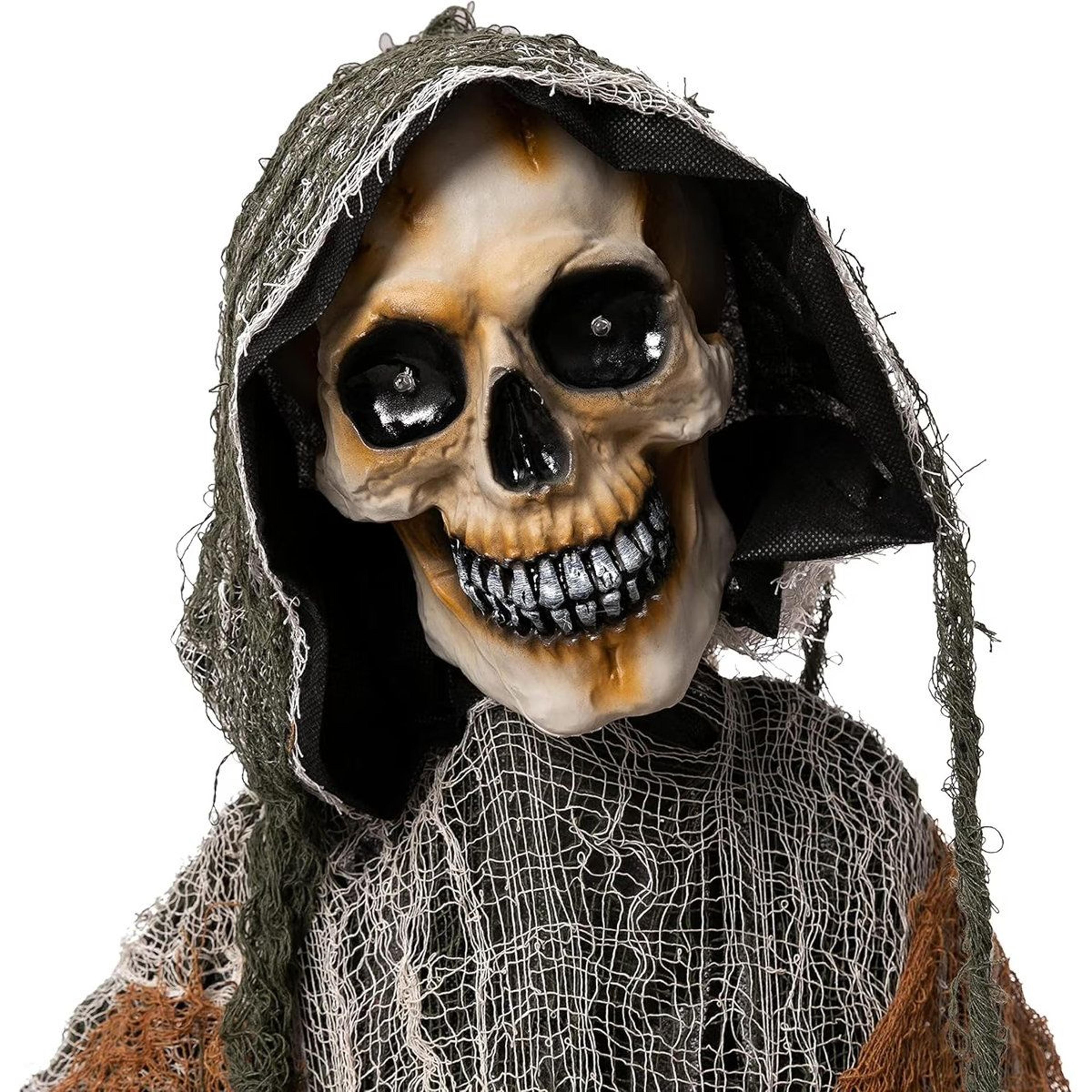 halloween sound activated animatronic grim reaper with glowing eyes and chain