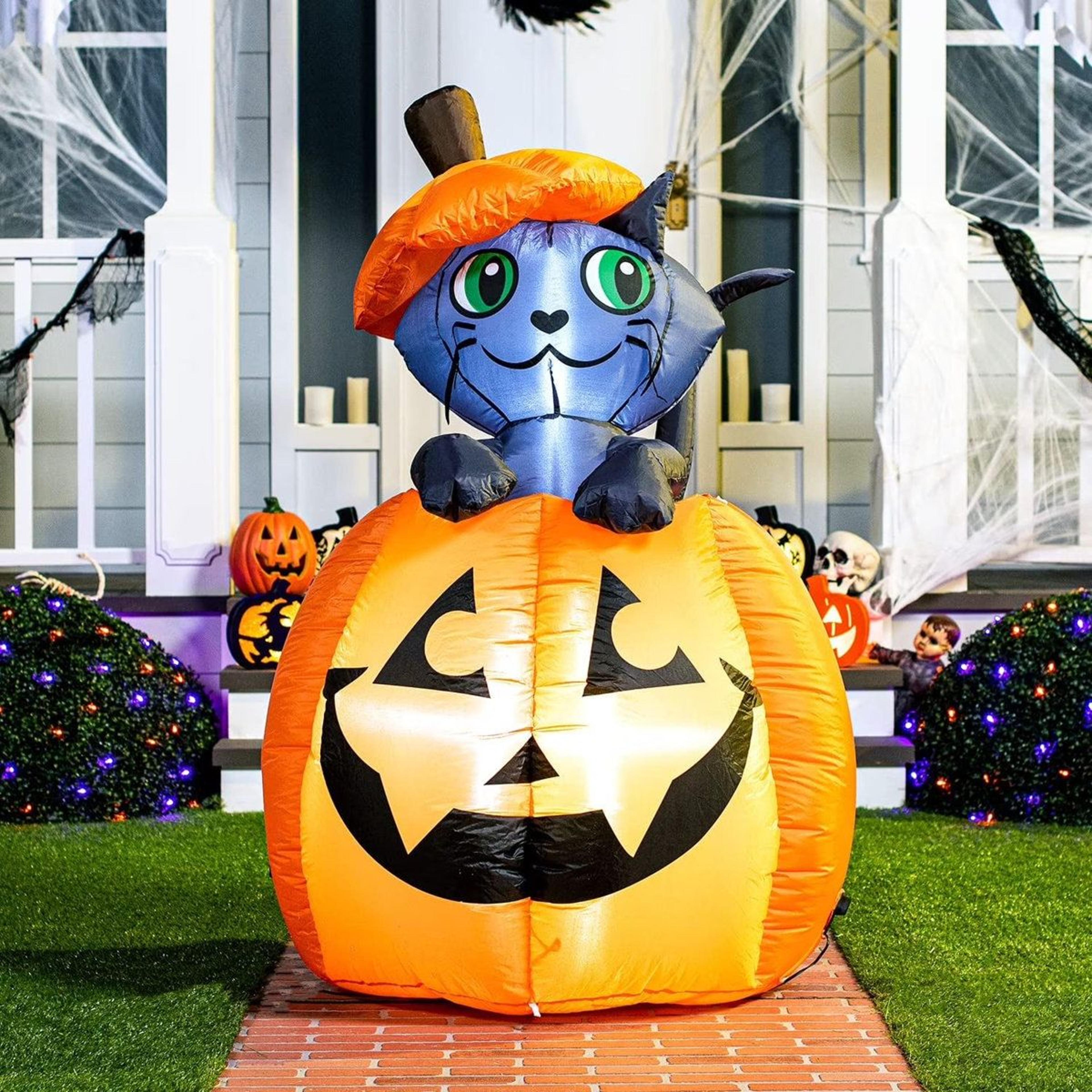 halloween inflatable cat on pumpkin with animated motion and led lights