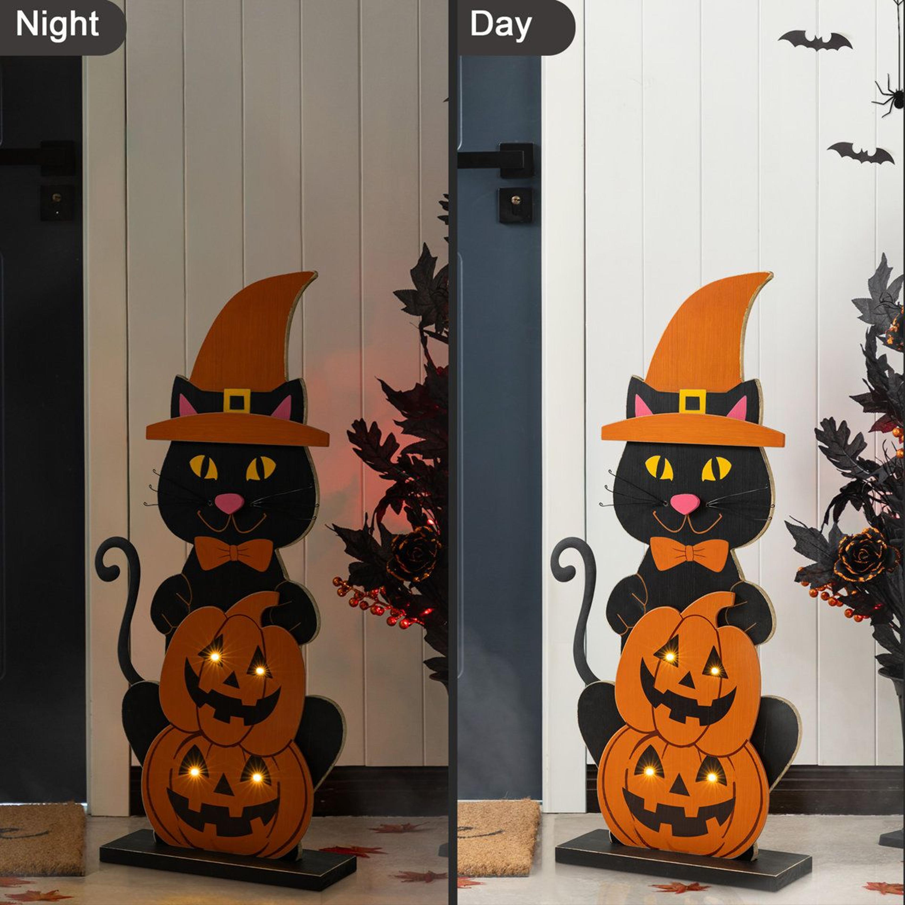 lighted halloween black cat and pumpkin wooden porch decoration with timer