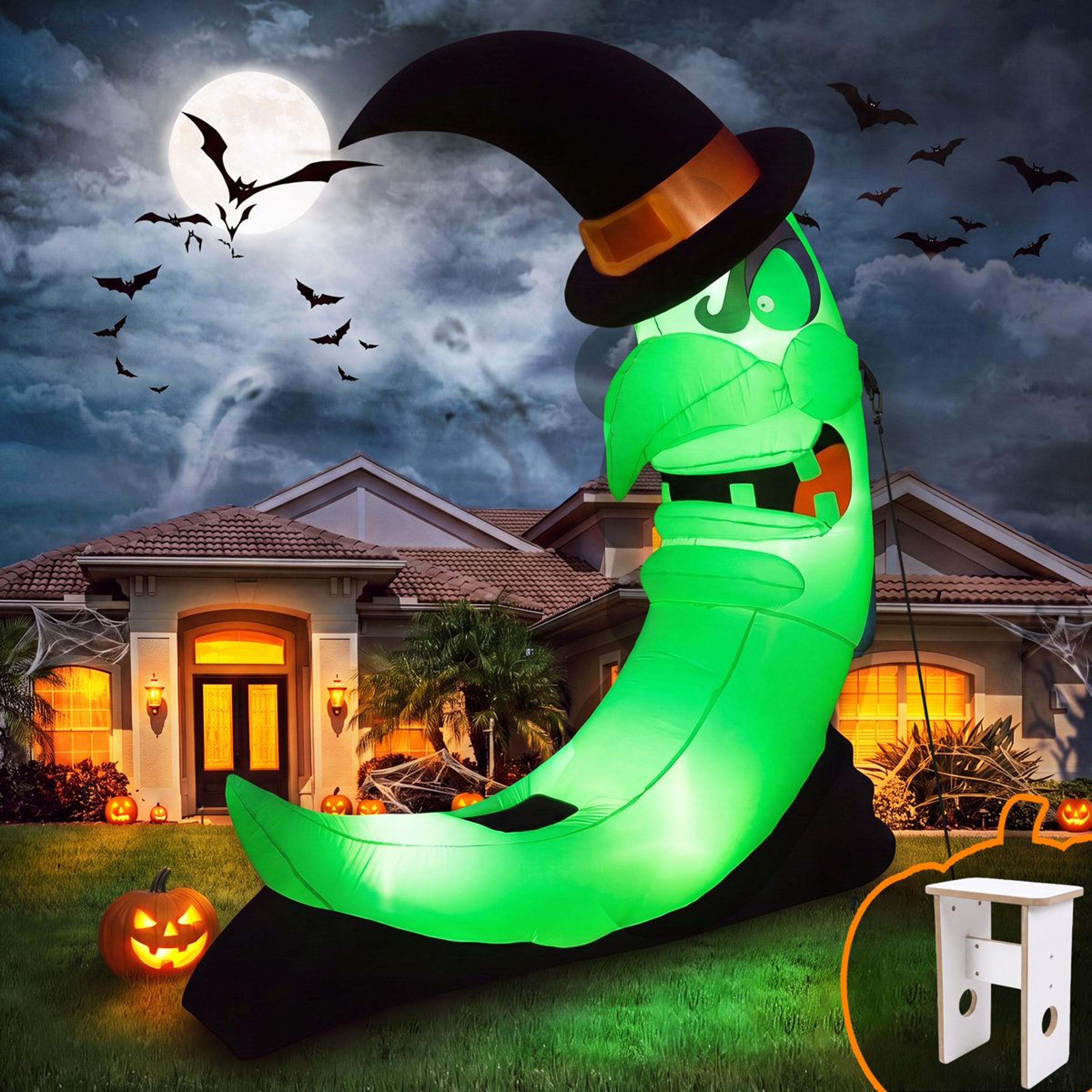 giant green lighted crescent moon halloween inflatable lawn decoration